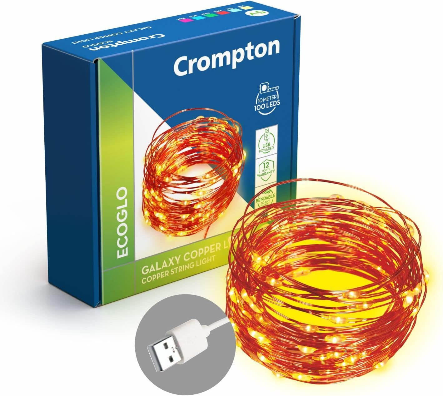Crompton Galaxy Decoration Copper USB Powered String Fairy Lights with 100 Led Light (10 Meters / 32 Feet, Warm White, Pack of 1)