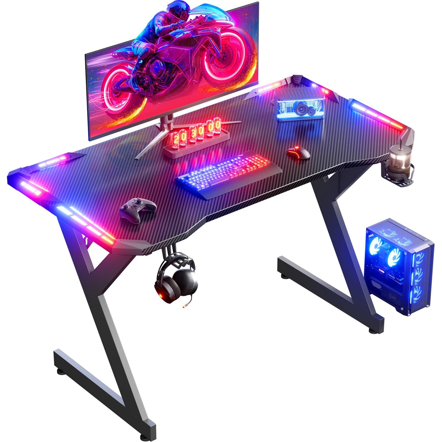 HLFURNIEU Bureau Gaming LED, 100 x 60 cm, Surface en Fibre de Carbone, Noir