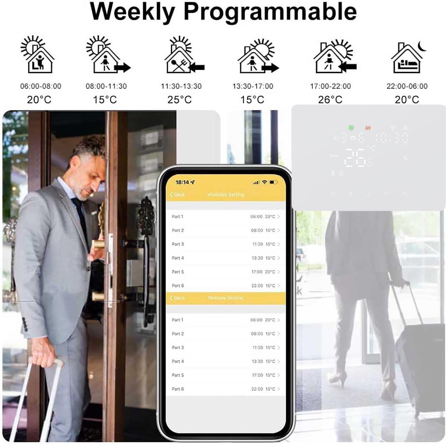Smart Termostato WiFi per Caldaia a Gas, Termostato Ambiente da parete,Termostato Digitale Programmabile, Funzione INVERNO/ESTATE,Display LCD Touch Riscaldamento Domestico (100-240V)