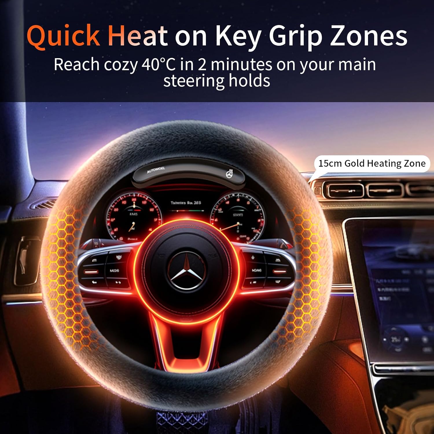 AUTOWEOL Wireless Heated Steering Wheel Cover, Cordless & Rechargeable Steering Wheel Warmer for Car, Fast Heating, Soft Grip, Fits 14.5"-15" Steering Wheels