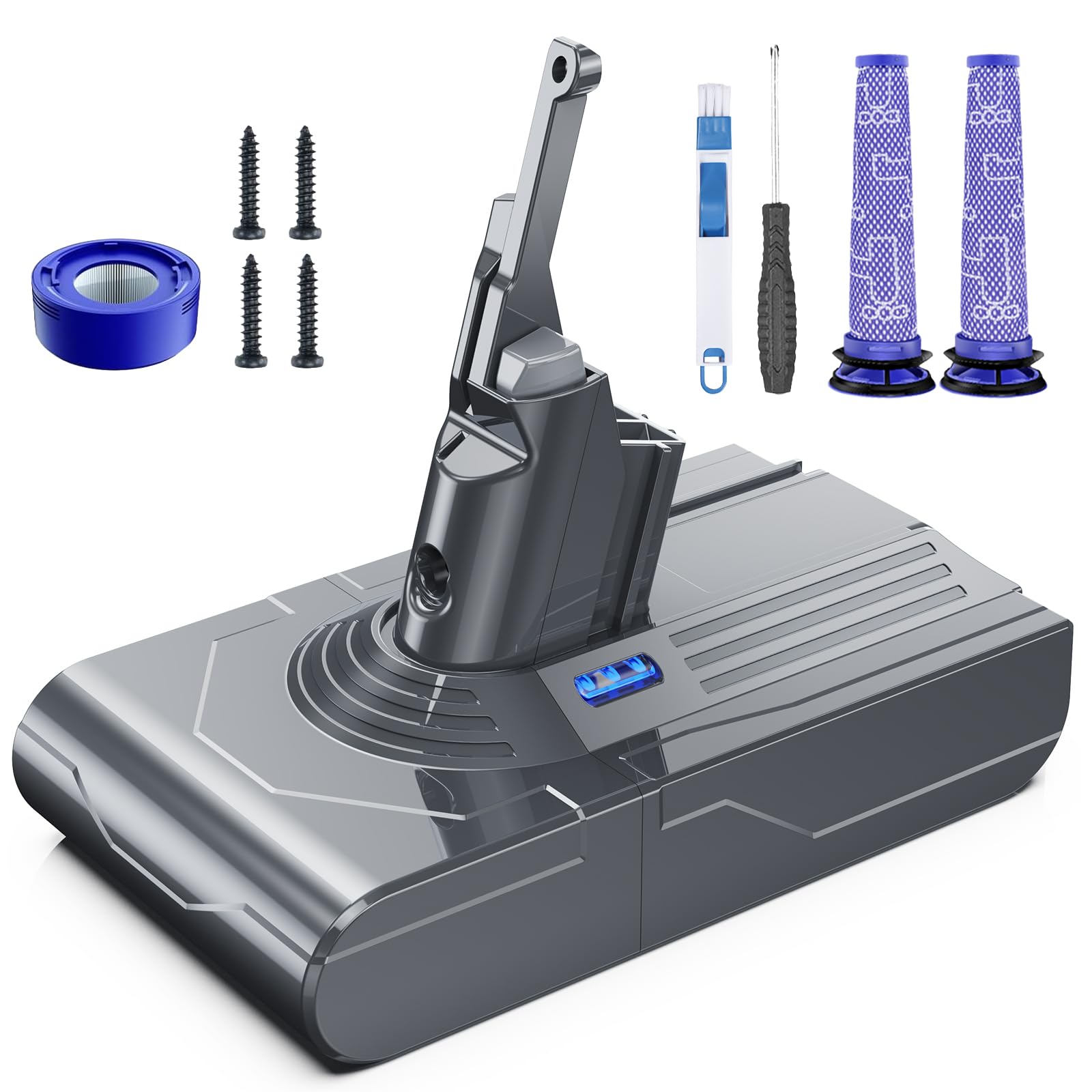 Battery Replacement for V8, 21.6V 8000mAh Li-ion Battery, Compatible with SV10 V8 Animal V8Motorhead V8Absolute V8Carbon Fiber V8Fluffy Series Cordless Vacuum, 1 Post-Filter and 2 Pre-Filters