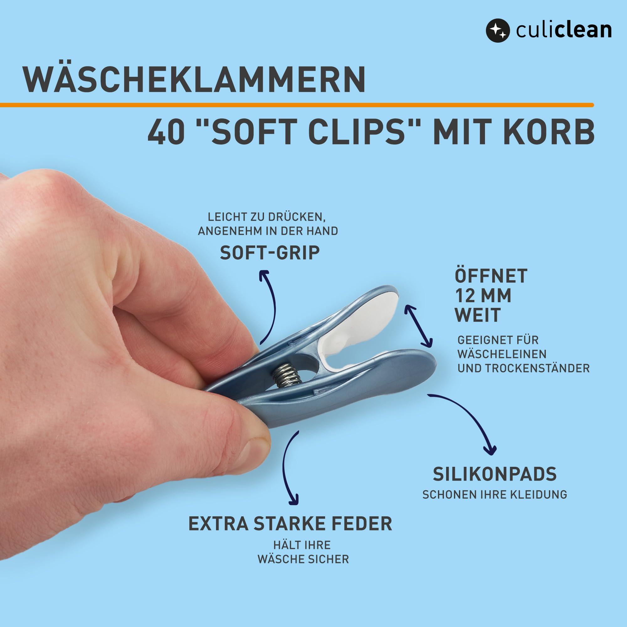 culiclean Wäscheklammern mit Korb, 40x + 1 Korb, schwarz-Weiss | Klammerkorb und stabile Soft Clips ohne Abdruck – Softgrip, robust, UV-beständig, wetterfest, Made in France