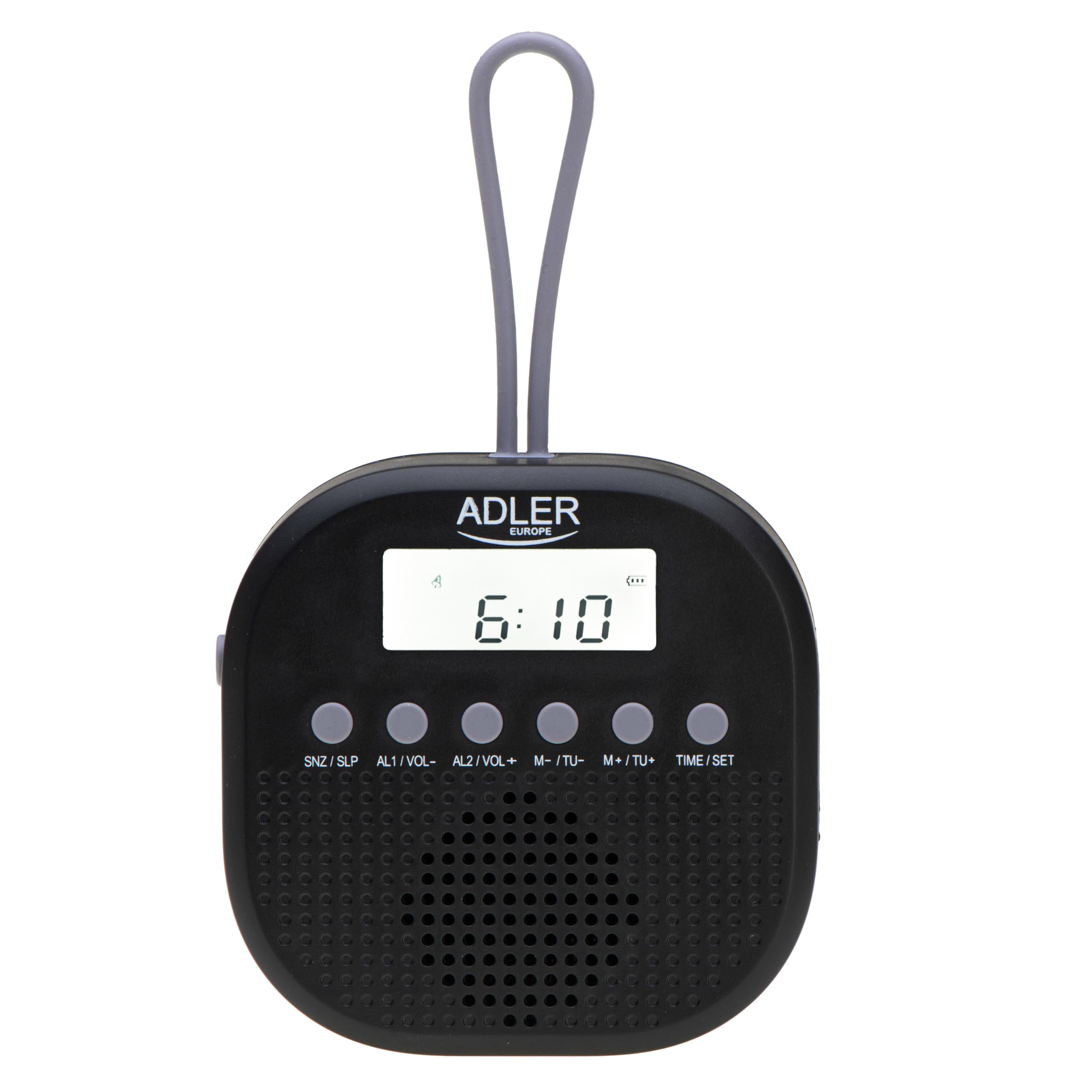 Adler Radio de Salle de Bain numérique AD 1912, IPX4 étanche, FM 87,5-108 MHz, écran LCD, Fonction Double Alarme, Fonction répétition, Crochet en Silicone Souple, Noir