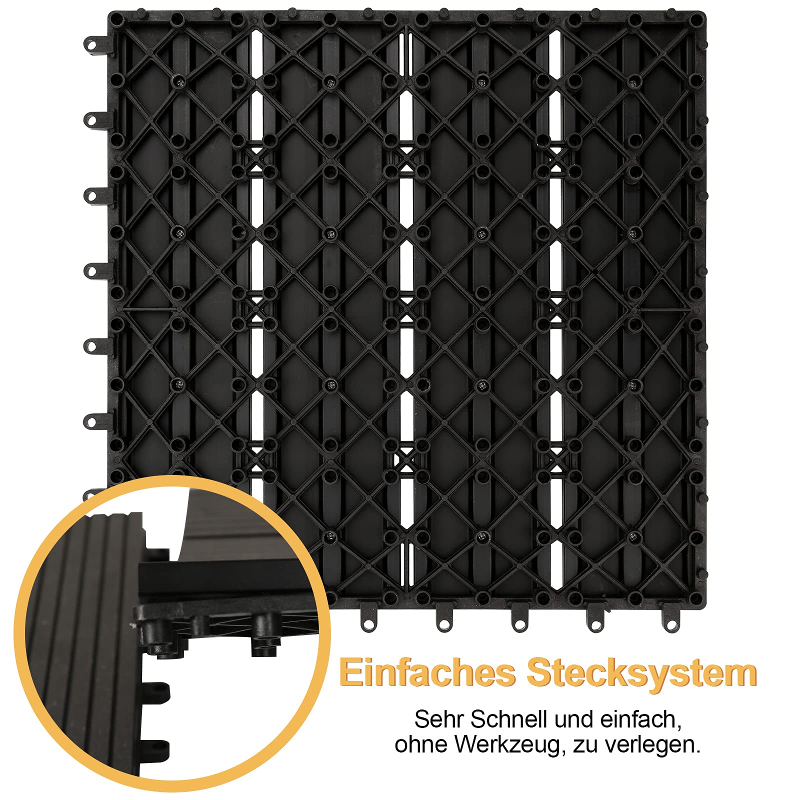 EINFEBEN Piastrelle in WPC, 30 x 30 cm, set da 11 per 1 m², effetto legno, per giardino, balcone, pavimento con drenaggio e sistema a click, piastrelle in legno color antracite