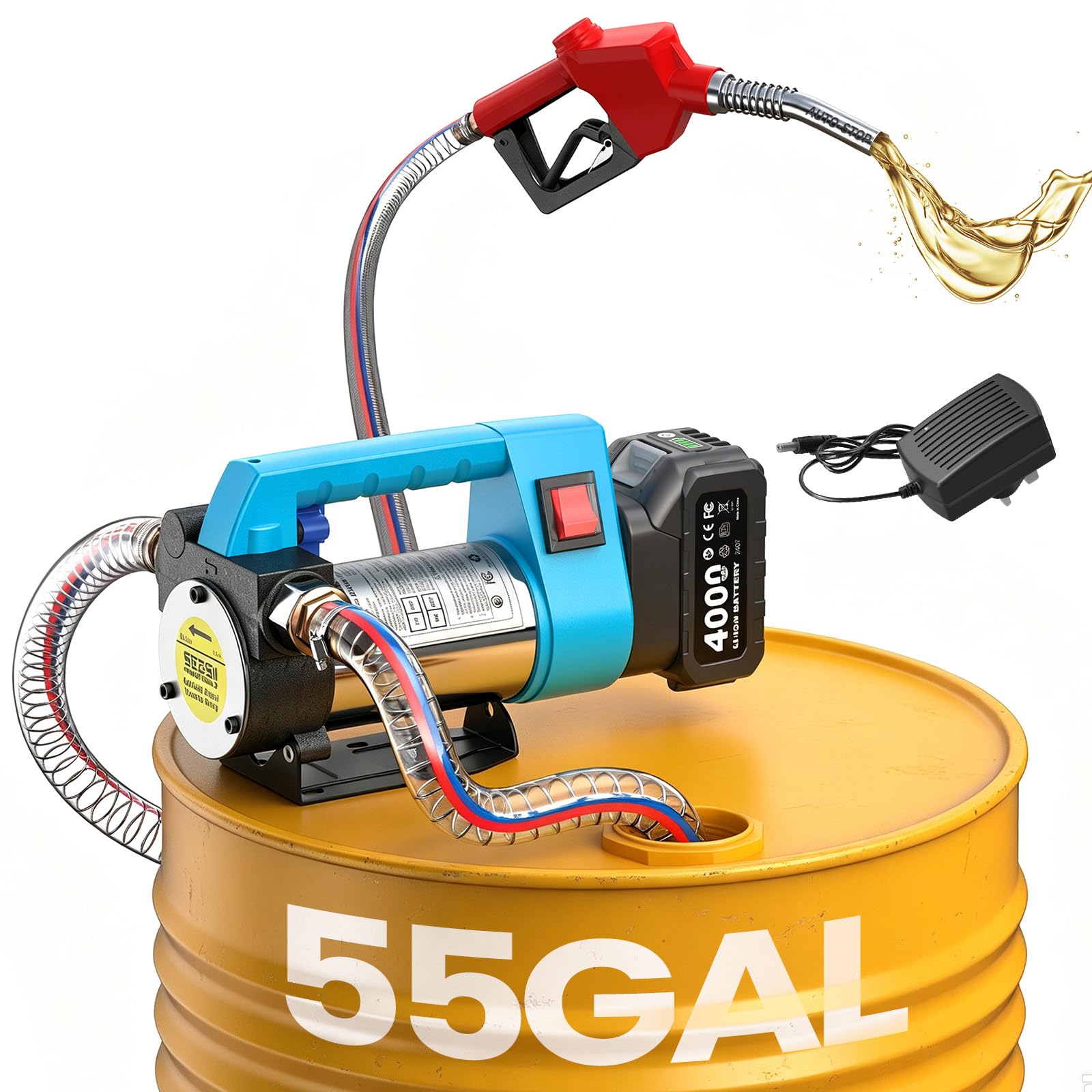 SEESII Cordless Diesel Transfer Pump, 1x4.0Ah Battery, Auto-Stop Nozzle