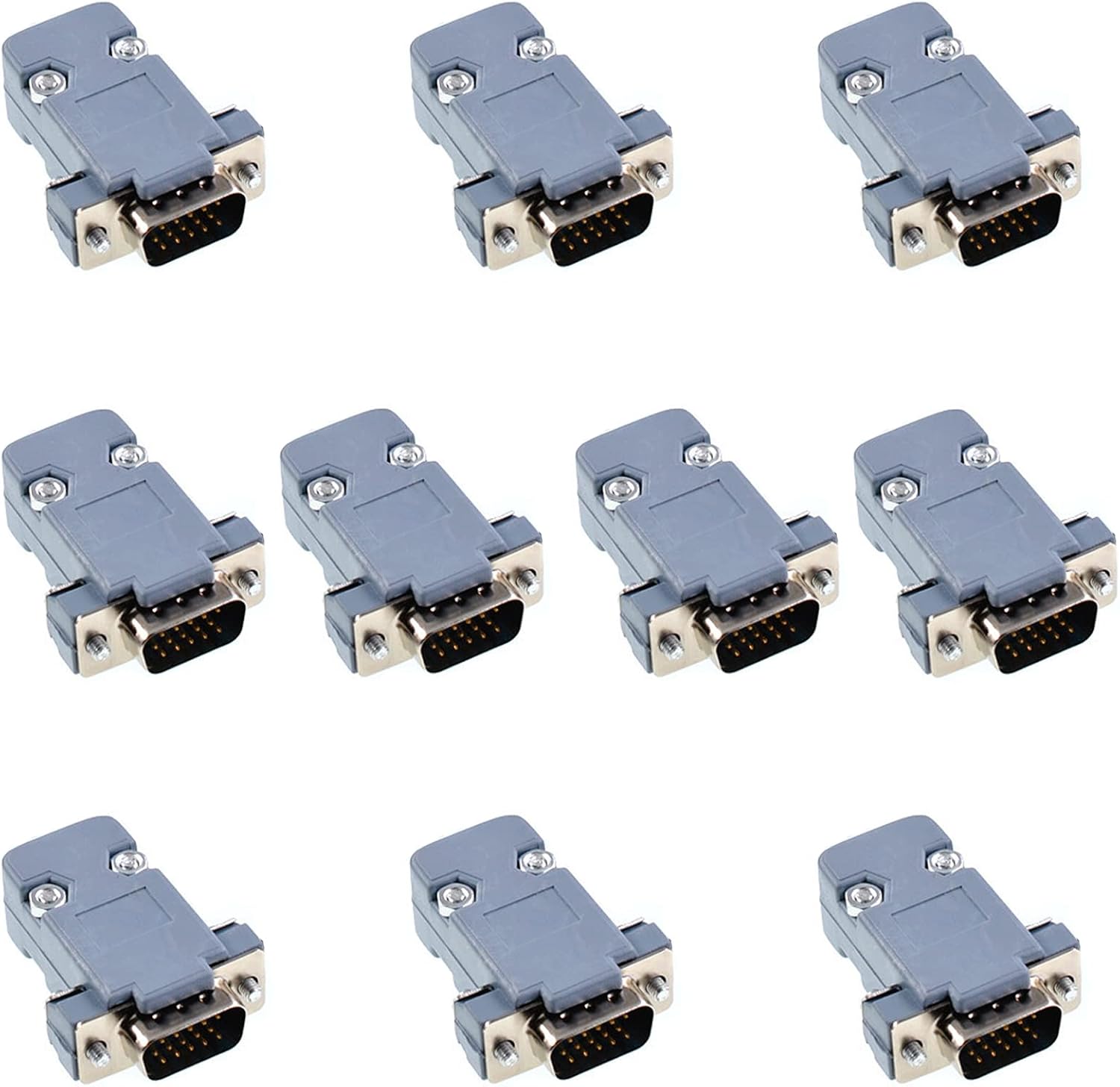 10PCS VGA Male DB15 3Row HD15 15Pin Solder Cup Connectors Kit | VGA Solder Type,with Plastic Hoods, Strain Relief Grommet and Screws