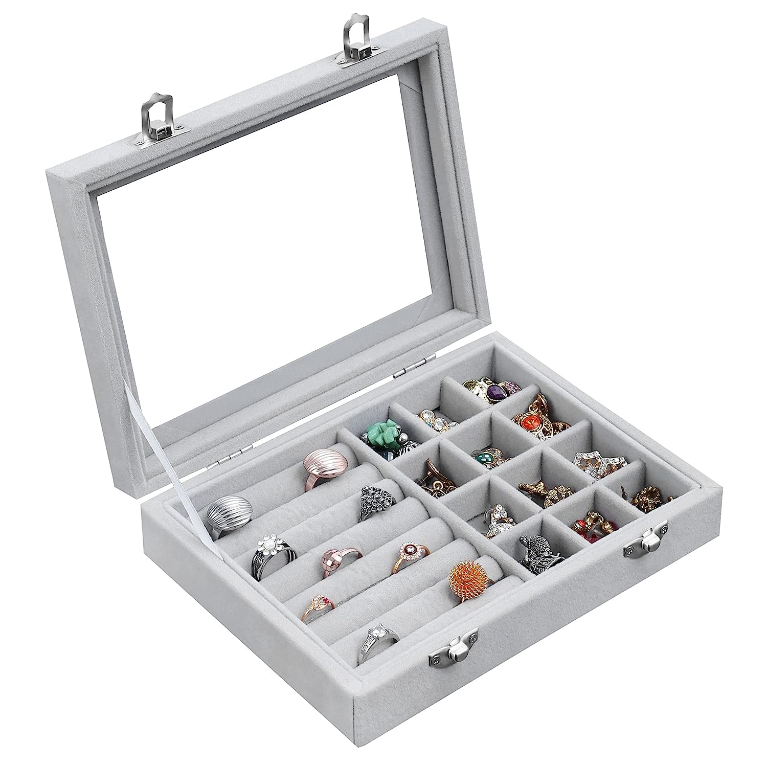 Jewelry Display Box with Clear Lid, 2 Metal Locks, 12 Adjustable Velvet Compartment & 8 Rows for Bracelet, Cufflink, Ring Storage for Men, Women, Girls - L20 x B15 x H4.5 cm, Grey