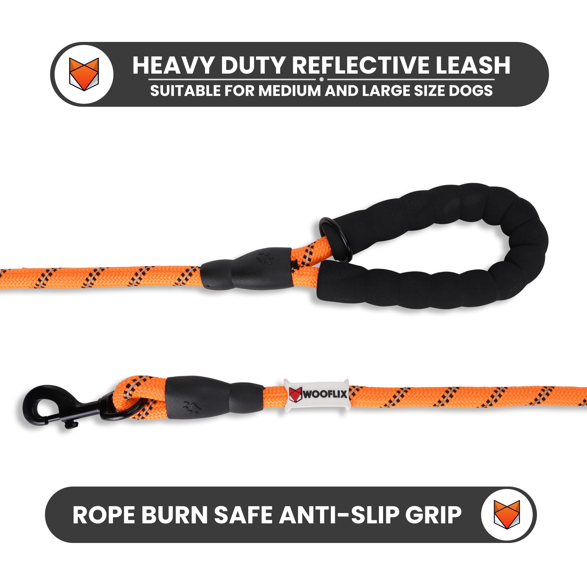 WOOFLIX Reflective Dog Leash And Collar Combo Set|Dog Collar & Anti Slip Padded Handle Leash For Dogs|Highly Reflective|Dog Rope For Medium & Large Dogs|(Leash 6.5 Ft. + Collar Large, Orange, 18 Cm) 3