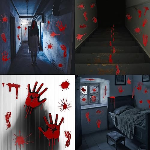 Miniatura 7 de Calcomanías para ventana de huellas de manos sangrientas de Halloween, 10 hojas de decoración de Halloween para ventana, pared, piso, vidrio, baño,
