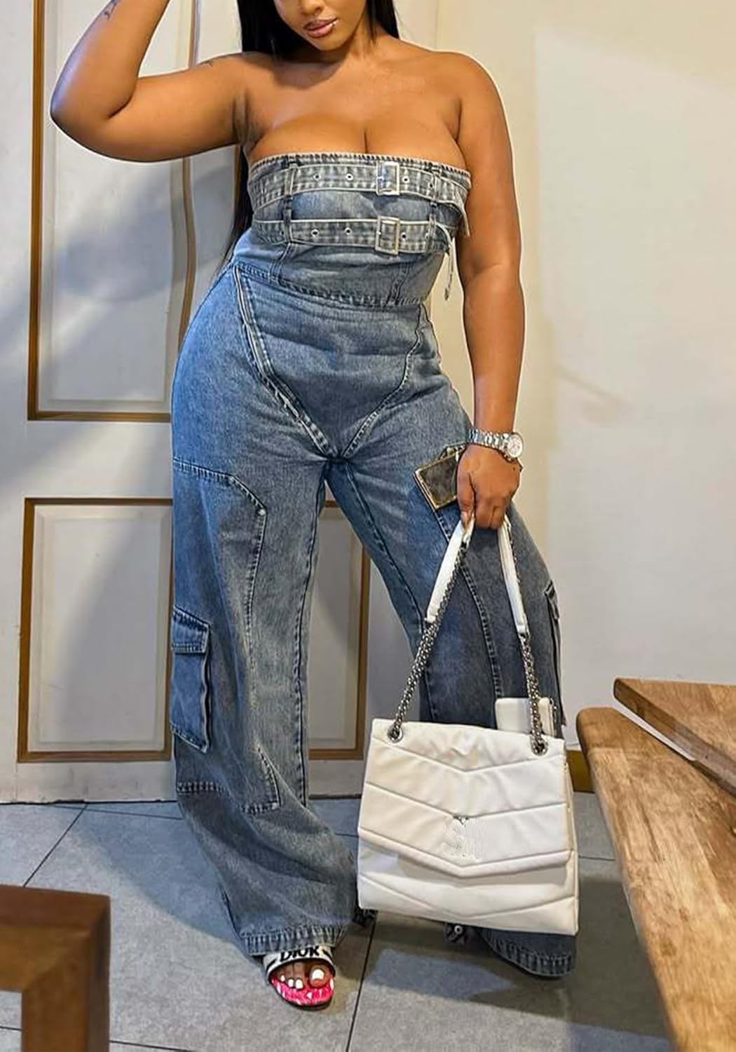 Tbahhir Denim Jumpsuit for Women Casual Off Shoulder Sleeveless Romper Wide Leg Overalls Tube Cargo Jean Pants - Image 3