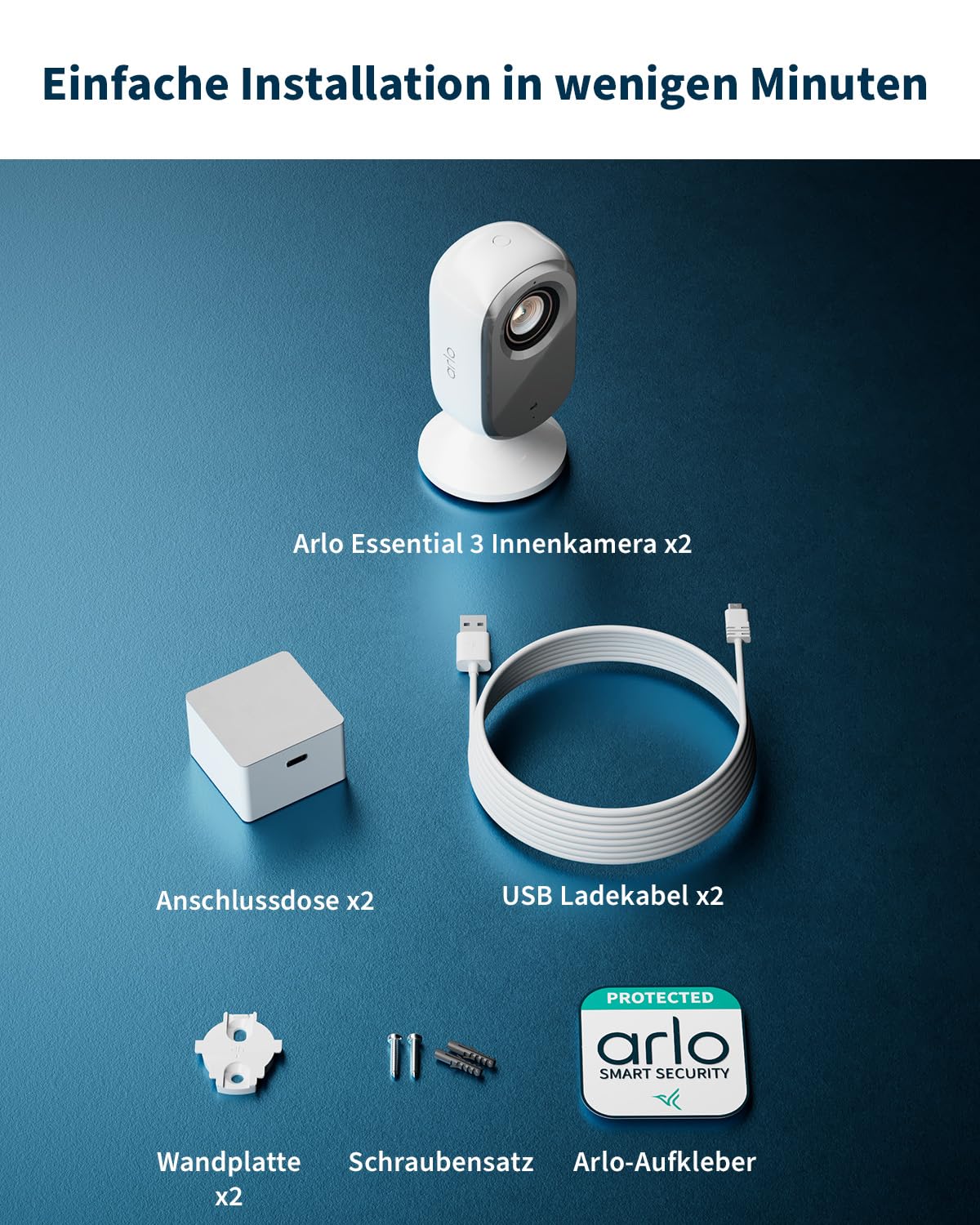 Arlo Indoor 3 HD Überwachungskamera Innen, 2er Set, HD Video, 2-Wege-Audio, Bewegungsmelder, Kabelgebunden, Babyphone, Haustierkamera, Hausüberwachung, mit Secure Plan Testzeitraum, Weiß