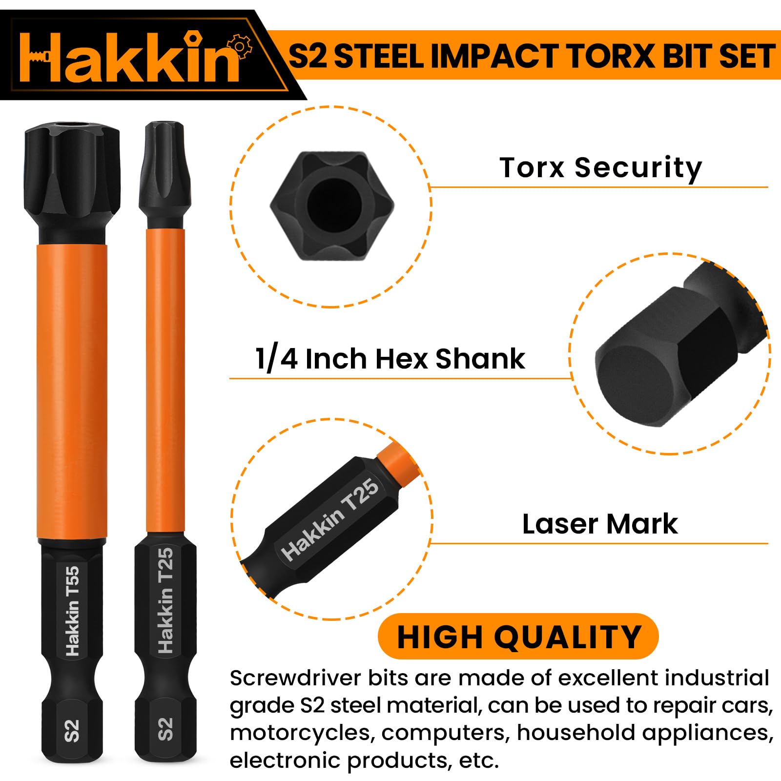Torx Bit Set Hakkin 13Pcs Impact Torx Bit Set S2 Steel 75mm Heavy Duty Tamper Proof Torx Screwdriver Sets for Impact Driver T10 T15 T20 T25 T27 T30 T40 T50 T55 - Image 4