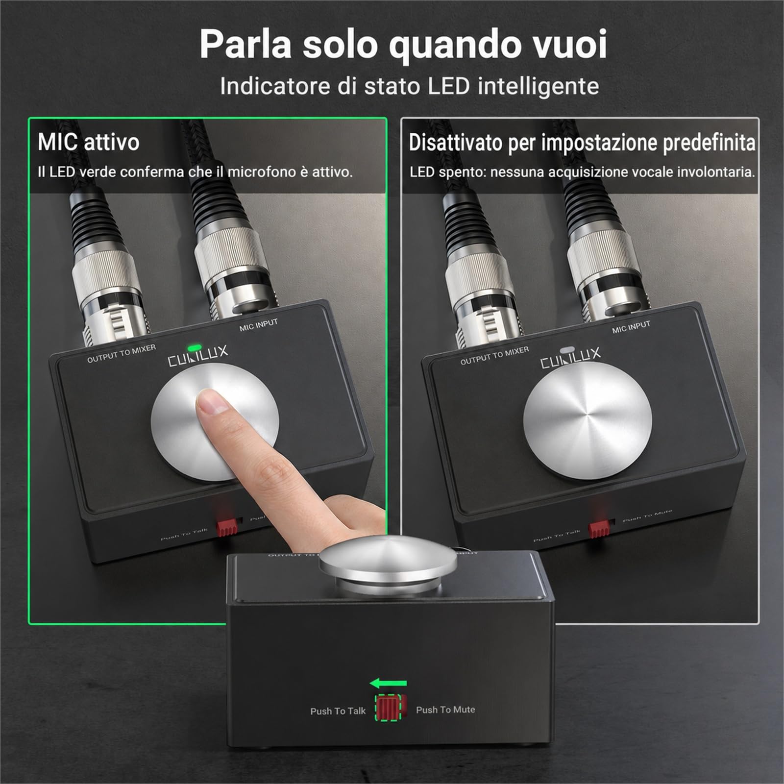 Cubilux Interruttore Mute Microfono XLR PTT/PTM con LED Podcast | Passa tra Push to Talk e Push to Mute, con stato LED, pulsante momentaneo e robusto corpo XLR in alluminio.