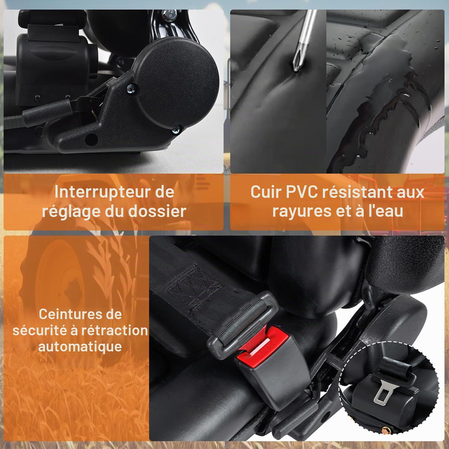 Siège de chariot élévateur universel, siège de tracteur rabattable avec accoudoir, ceinture de sécurité, dossier réglable et glissière en PVC imperméable pour de jardin pelle chargeuse pelleteuse