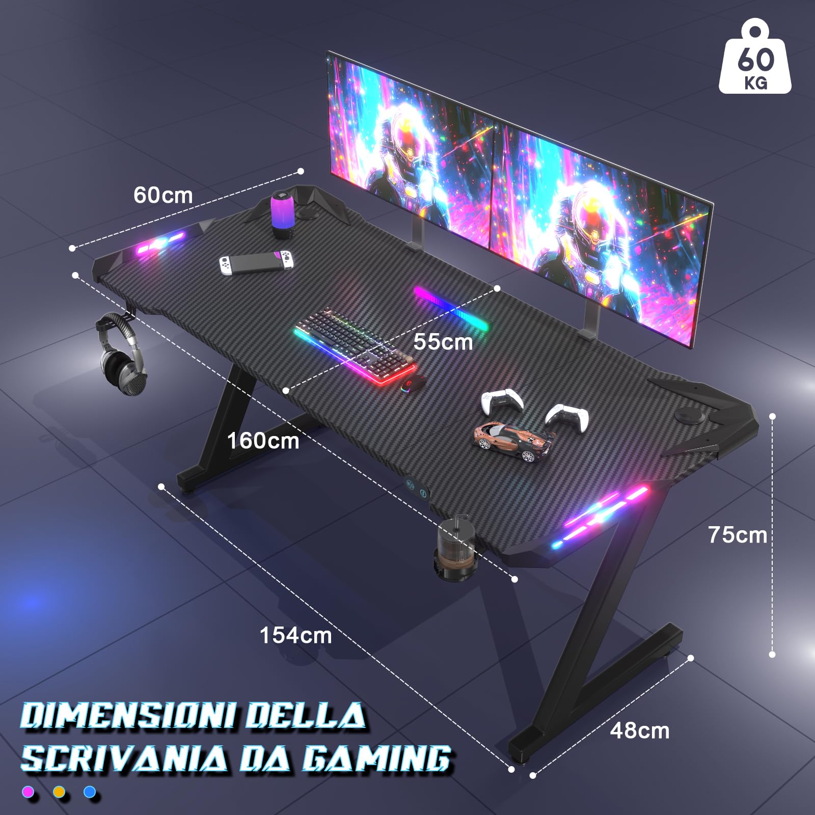 Scrivania Gaming LED 160x60 cm - Tavolo Gaming Ergonomico con Ganci per Cuffie e Piano in Fibra di Carbonio Nero, Scrivania per Computer Illuminazione RGB Regolabile, per Setup Gamer Professionale