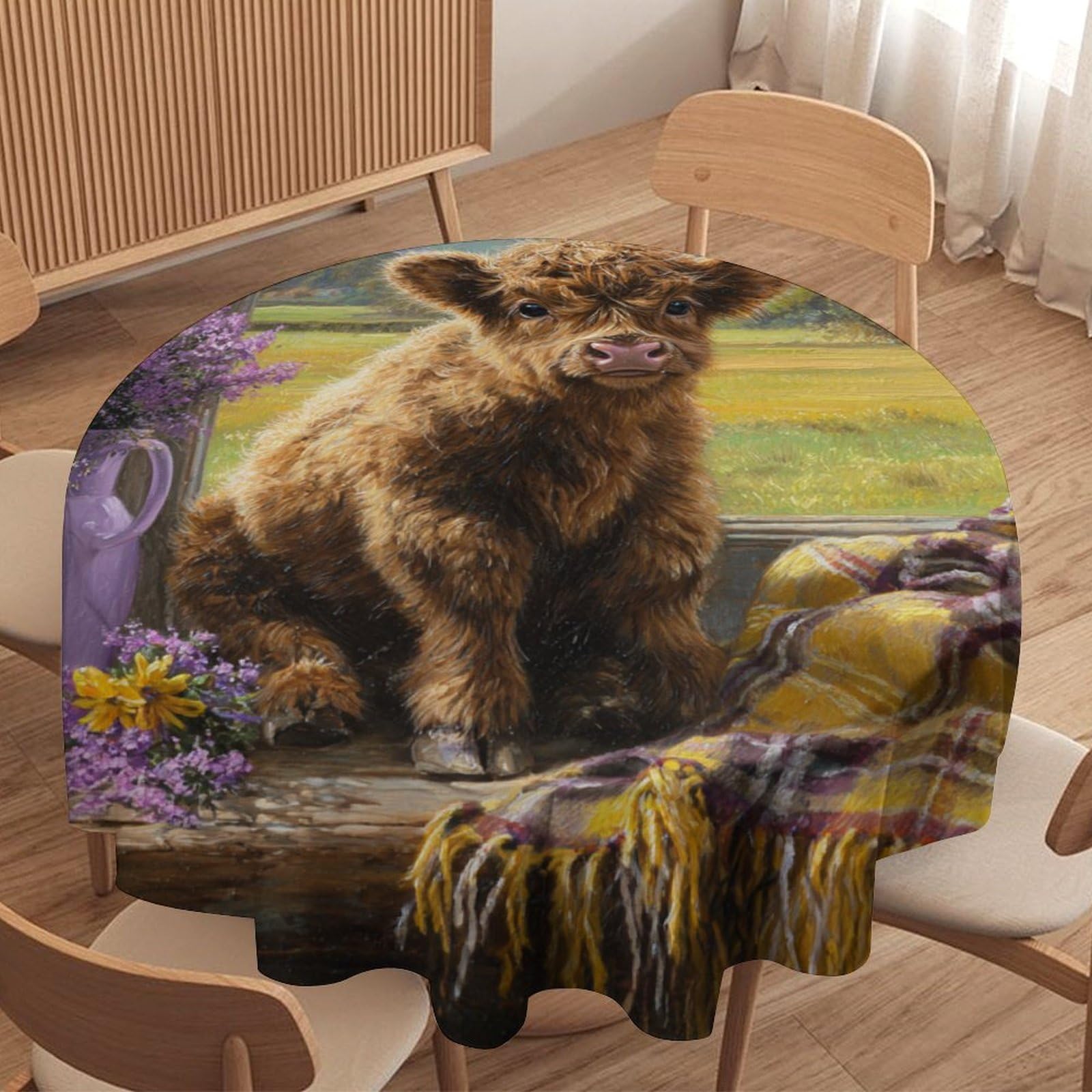 LUYYSKY Funny Cute Highland Cow Round Tablecloth Classic Oil Painting Farm Plants Flowers Animals Highland Cow Print Washable Decor for Table Cover for Kitchen-177.8" Wx177.8 L cm