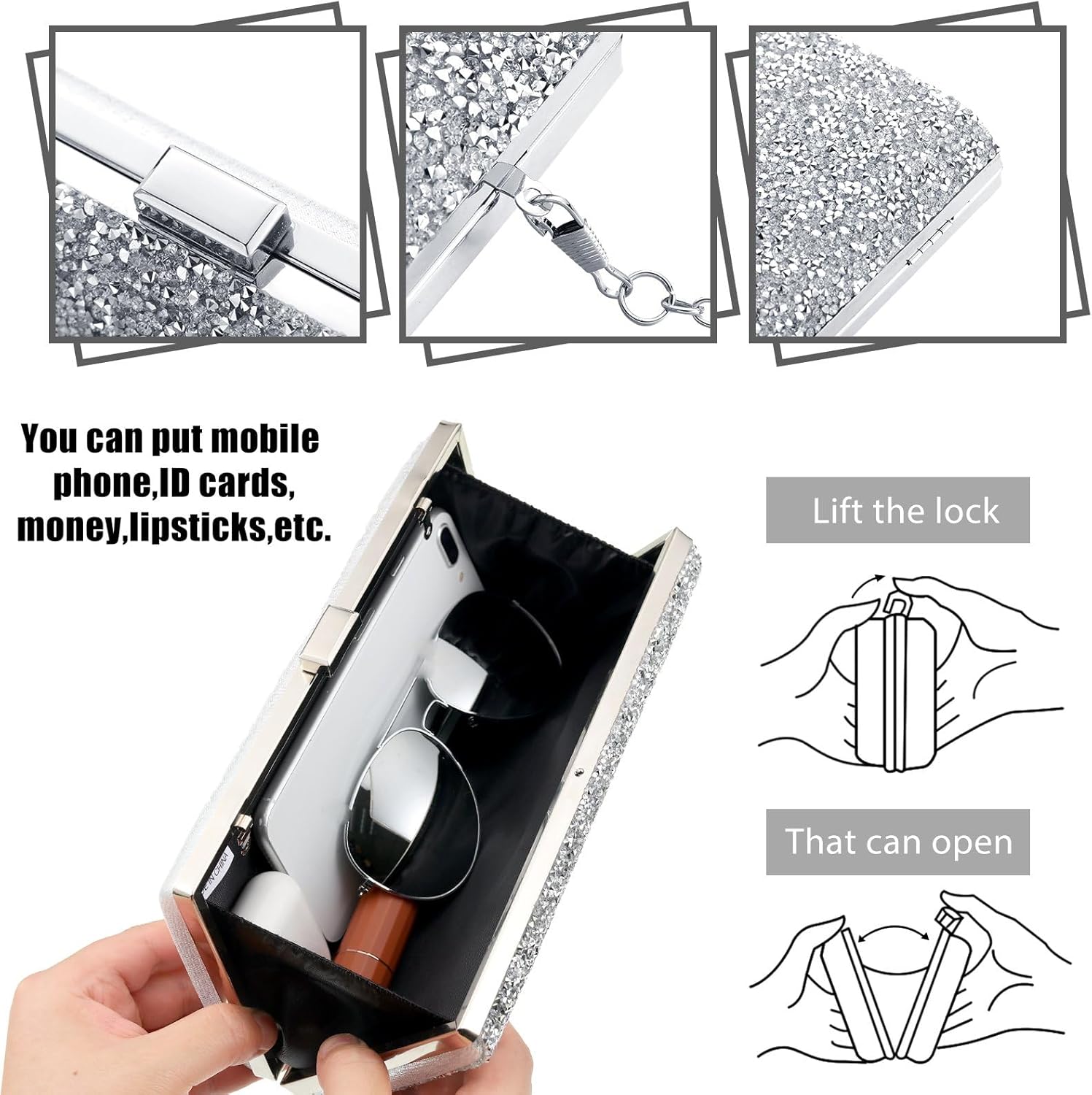 Kigeli 4 Pcs Women Rhinestone Evening Jewelry Set Clutch Purse Bag Crystal Rhinestone Tassel Necklace Stretch Bangle Bracelet Crystal Fringe Earrings Bling Glitter Handbag for Wedding Bride - Image 3