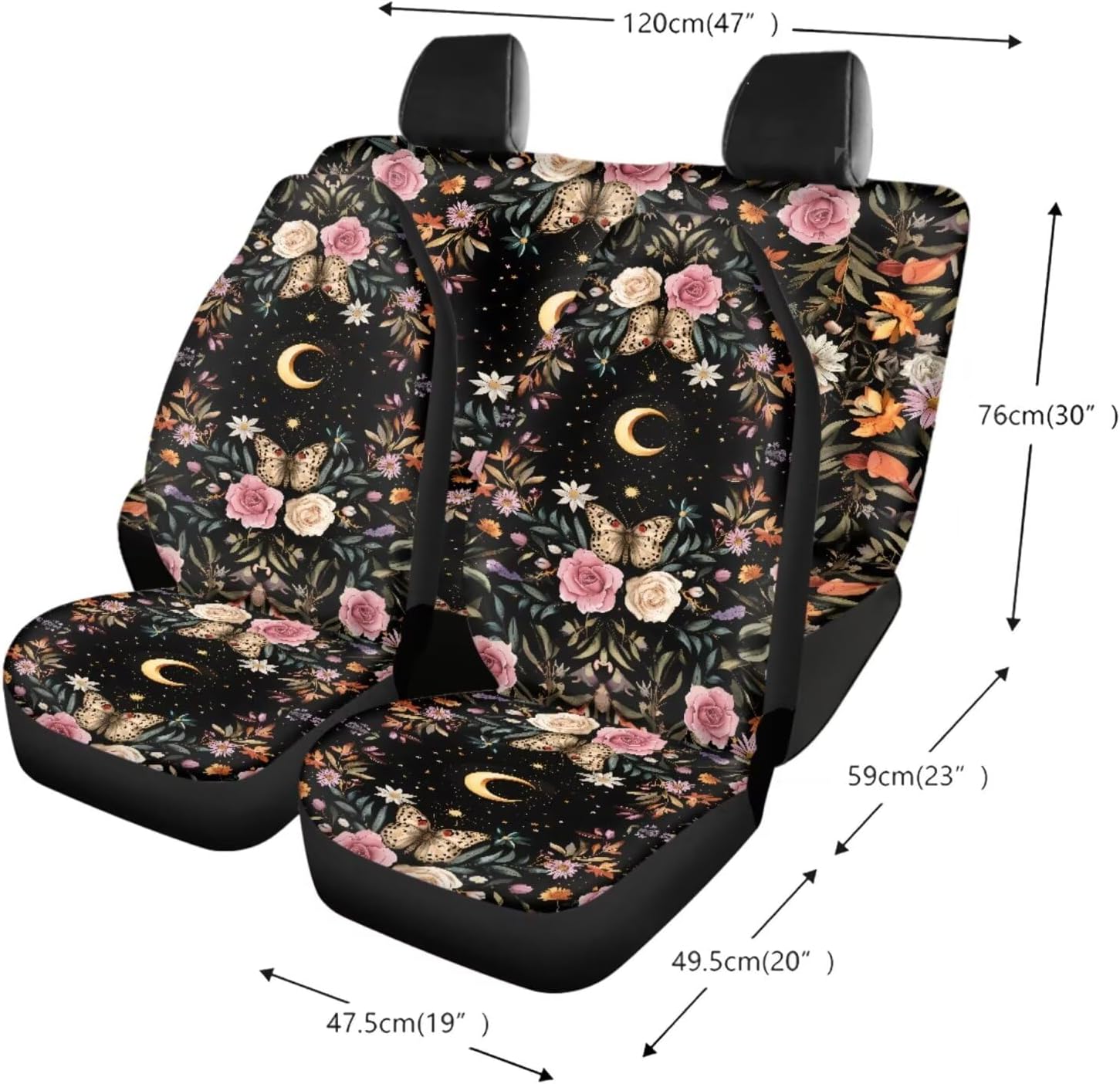 Butterfly Moon Rose Pattern Car Accessories Pack of 13, Comfortable Car Seat Covers Full Set, Steering Wheel Cover and Seat Belt Protector, Coasters with Finger Notch for Women and Men
