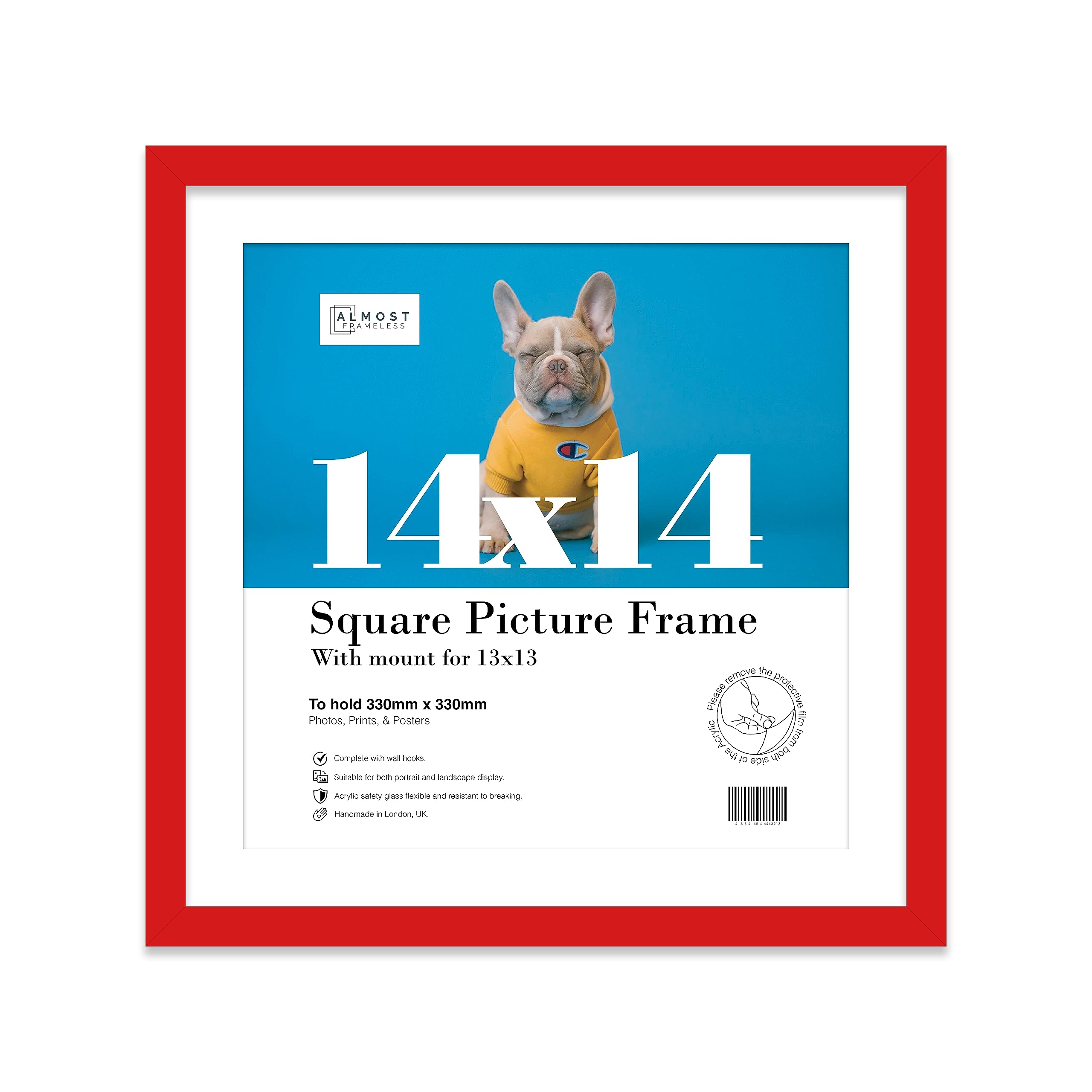 Almost Frameless Red 14X14 Picture Frame, Display Pictures 13X13 With Mat Or 14X14 Without Mat, Wall Hanging Photo Frame, 1 Pack