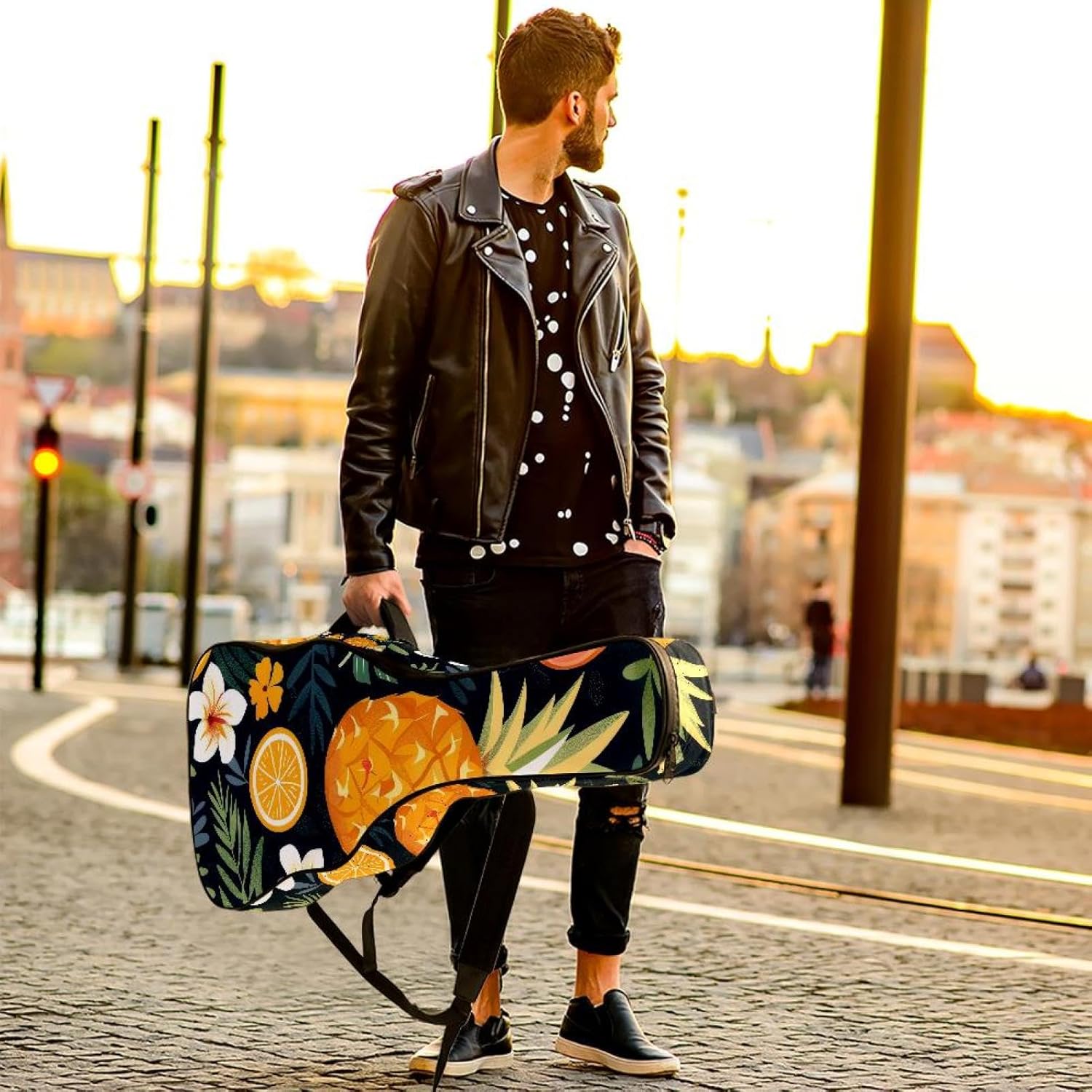 Acoustic Guitar Gig Bag 10mm Thick Padding, Soft Waterproof Guitar Case with Adjustable Backpack Straps for 40-42 Inch Guitar, Tropical Fruits and Flowers Hawaiian Pattern