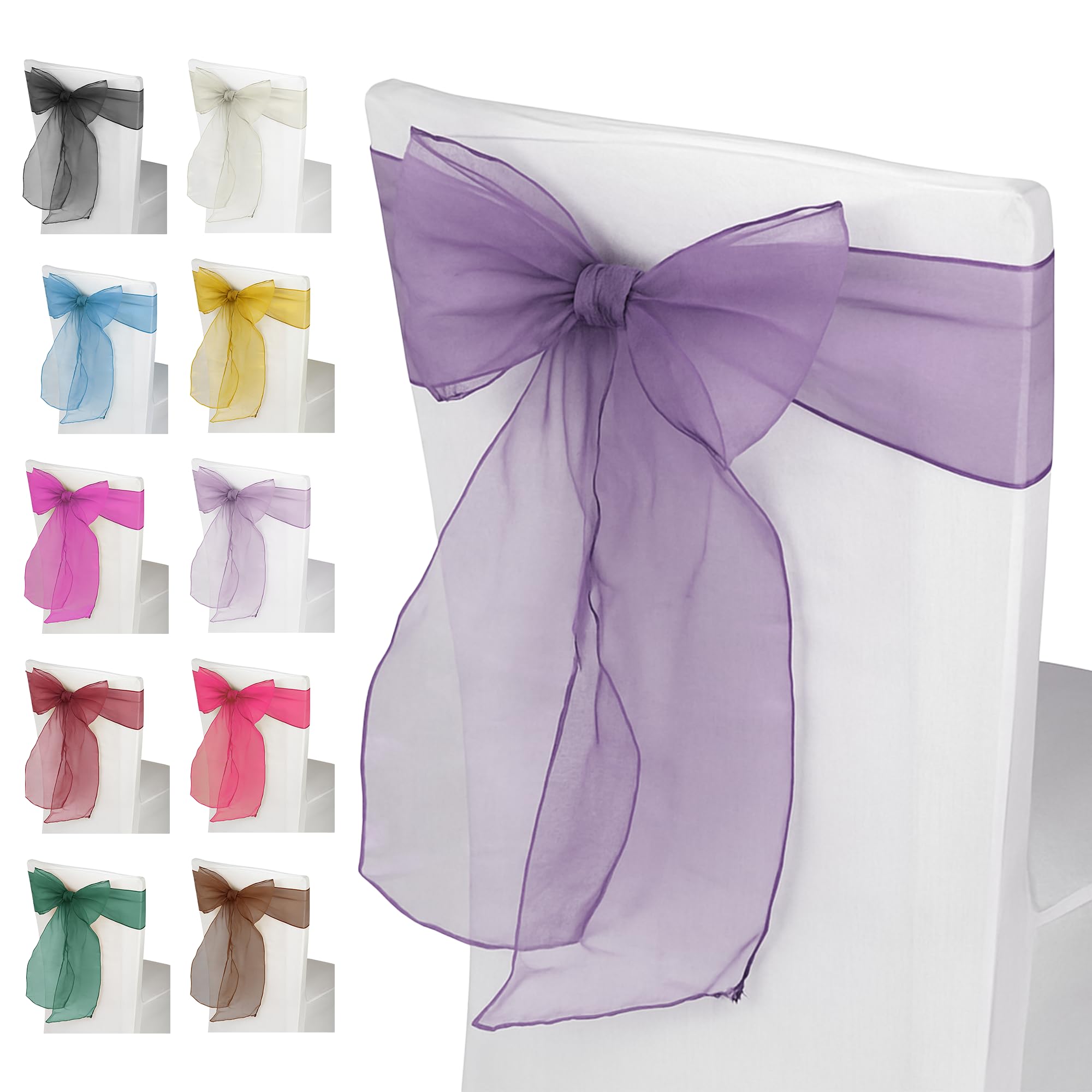 WedDecor 25pcs Organza Sashes, Chair Covers Fuller Bow, Purple