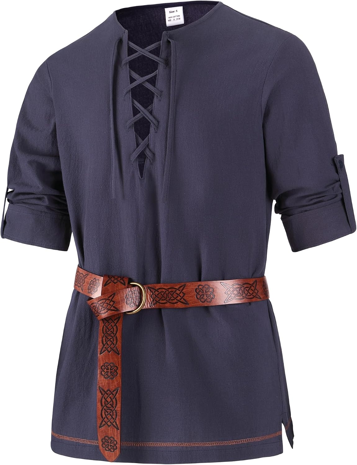 Mens Long Sleeve Cotton Lace up Shirts for Renaissance Pirate Viking Medieval Cosplay Costume Without Belt