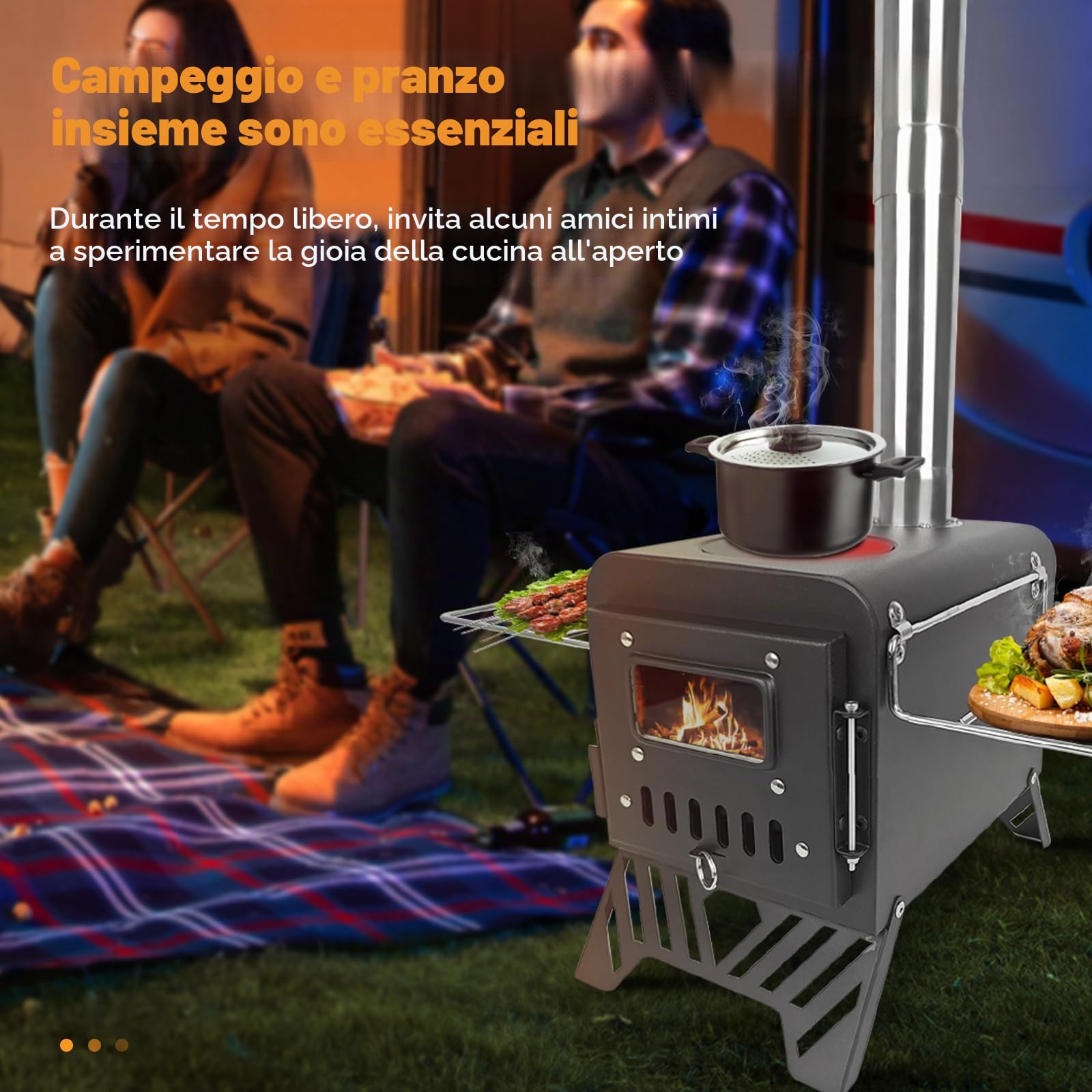 Fornello da campeggio per tenda, dimensioni estese: 54 x 28 x 35 cm, stufa a legna portatile da esterno con tubi per caminetto in acciaio inox, piccolo e confortevole per la cucina