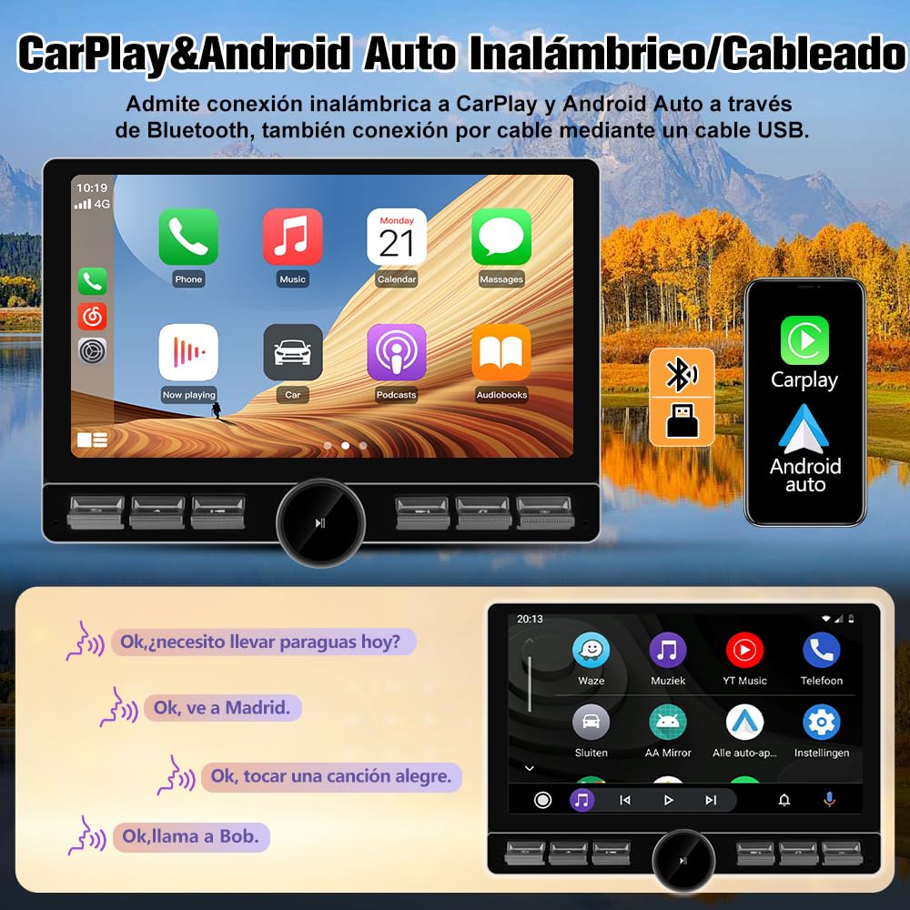 Android 13.0 [4GB+64GB] Radio Coche 1 DIN Universal con Pantalla Táctil Inclinable y Giratoria de 10.6 Pulgadas, Autoradio Admite CarPlay/Android Auto Inalámbrico/WiFi/4G/Bluetooth
