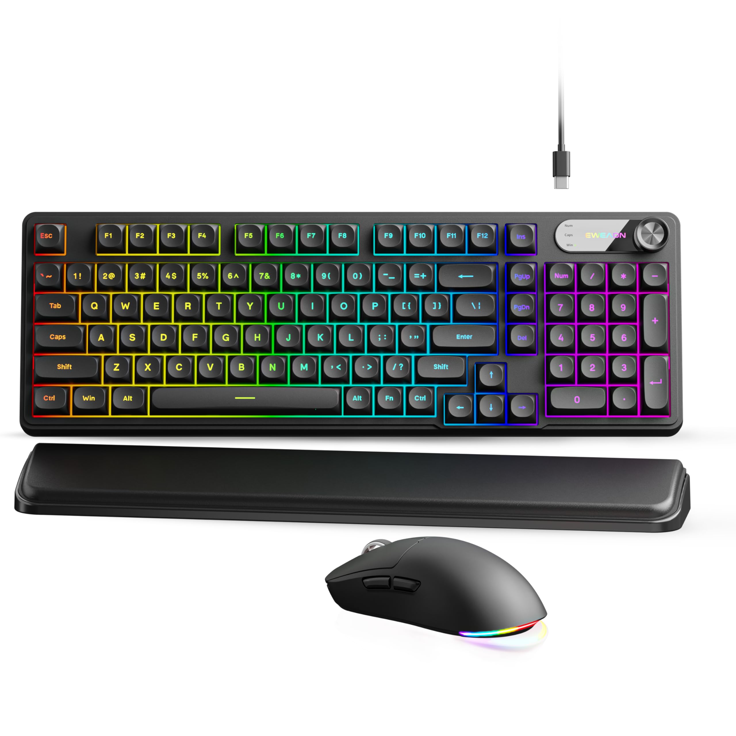 EWEADN C98 Wired Keyboard and Mouse Combo, Wired Ergonomic Computer Keyboards with Wrist Rest, Double-Shot Keycaps, Silent RGB Backlight Quiet Keyboard for Windows/PC/Laptop - Black