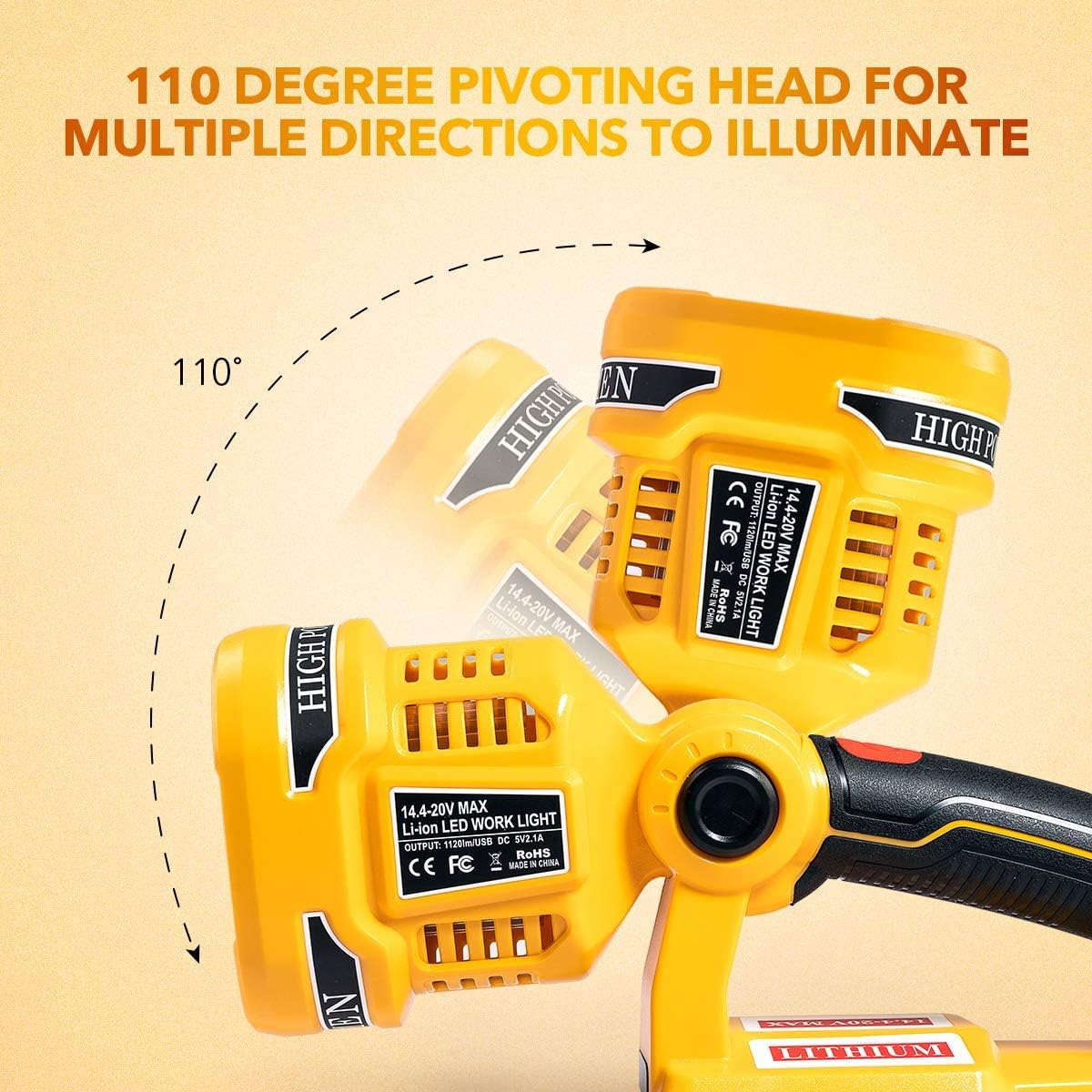 Wokyy 20V LED Work Light Spotlight Powered by Dewalt 20V MAX Lithium Ion Batteries, 1120LM 12W Jobsite Flashlight with 110 Degree Pivoting Head