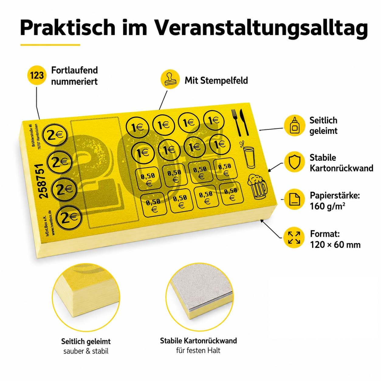 Étiquettes de valeur 20 € Cartes de consommation à effacer – 250 ou 500 feuilles, 5 ou 10 blocs de 50 feuilles, valeur totale 5 000 € ou 10 000 €, numérotés en continu, avec champ libre (jaune, 250)