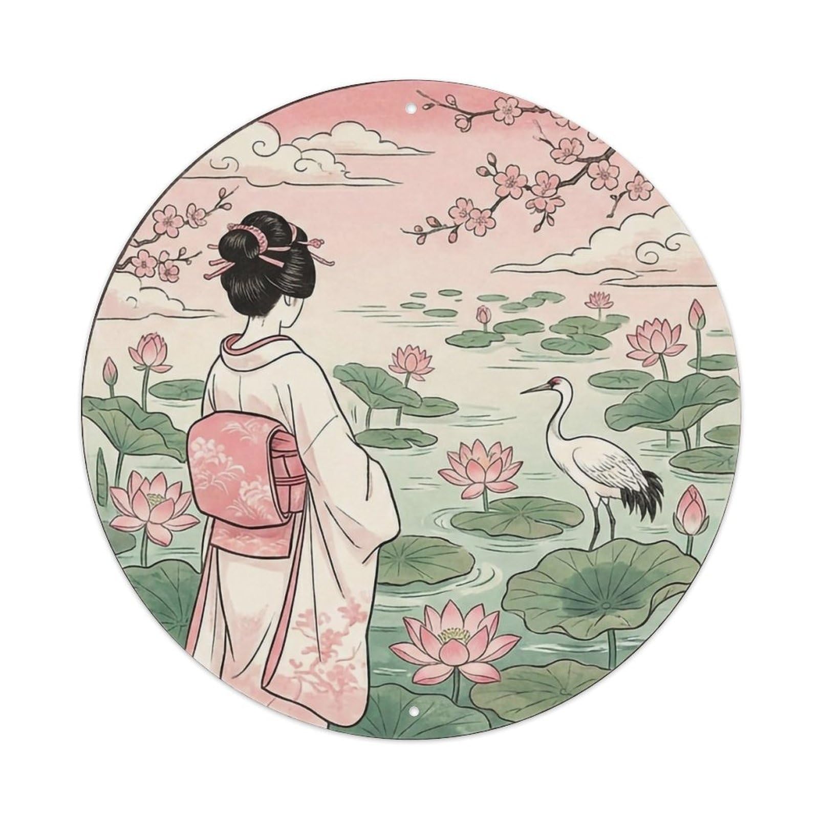 Japanese Elegant Lady Lotus Pond Crane Summer Ornament Metal Tin Sign