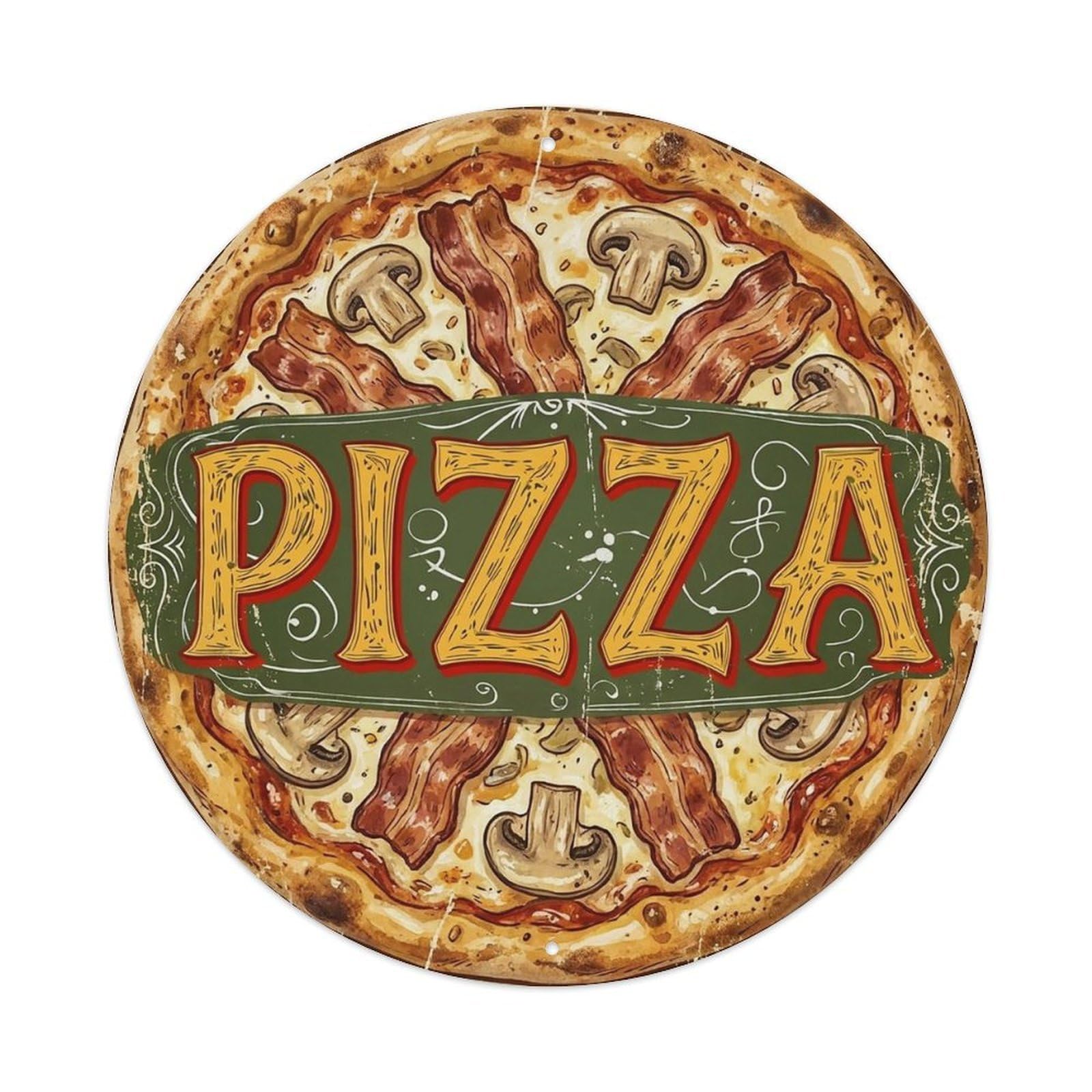 Yrnq 8X8inch Vintage Style Vintage Pizza Bacon Mushroom Cheese Food Decoration Metal Tin Sign