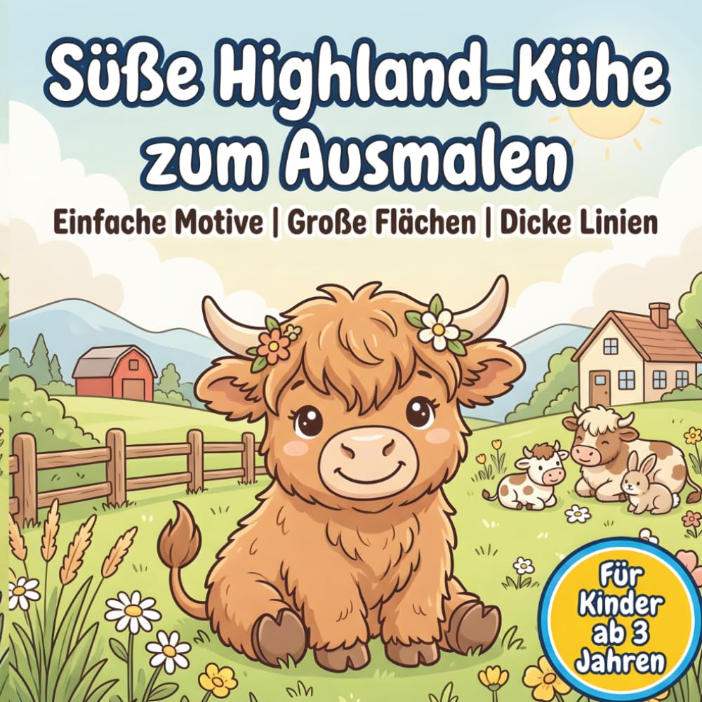 Süße Highland-Kühe zum Ausmalen: Einfache Motive | Große Flächen | Dicke Linien
