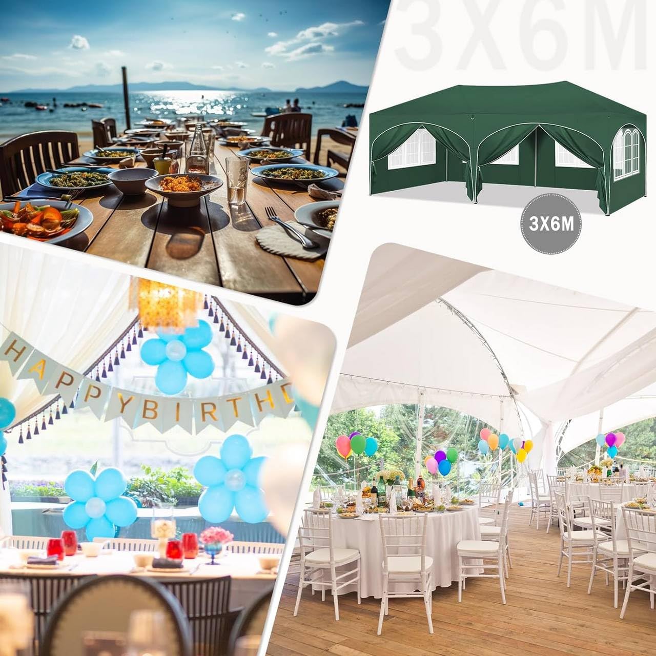 Pavillon 3x6m, wasserdichtes Partyzelt mit UV-Schutz 50+, höhenverstellbar, grün Faltpavillon mit 6 Seitenwänden, klappbar, Oxford-Stoff, Tragetasche – Gartenpavillon für Events, Hochzeit, Camping