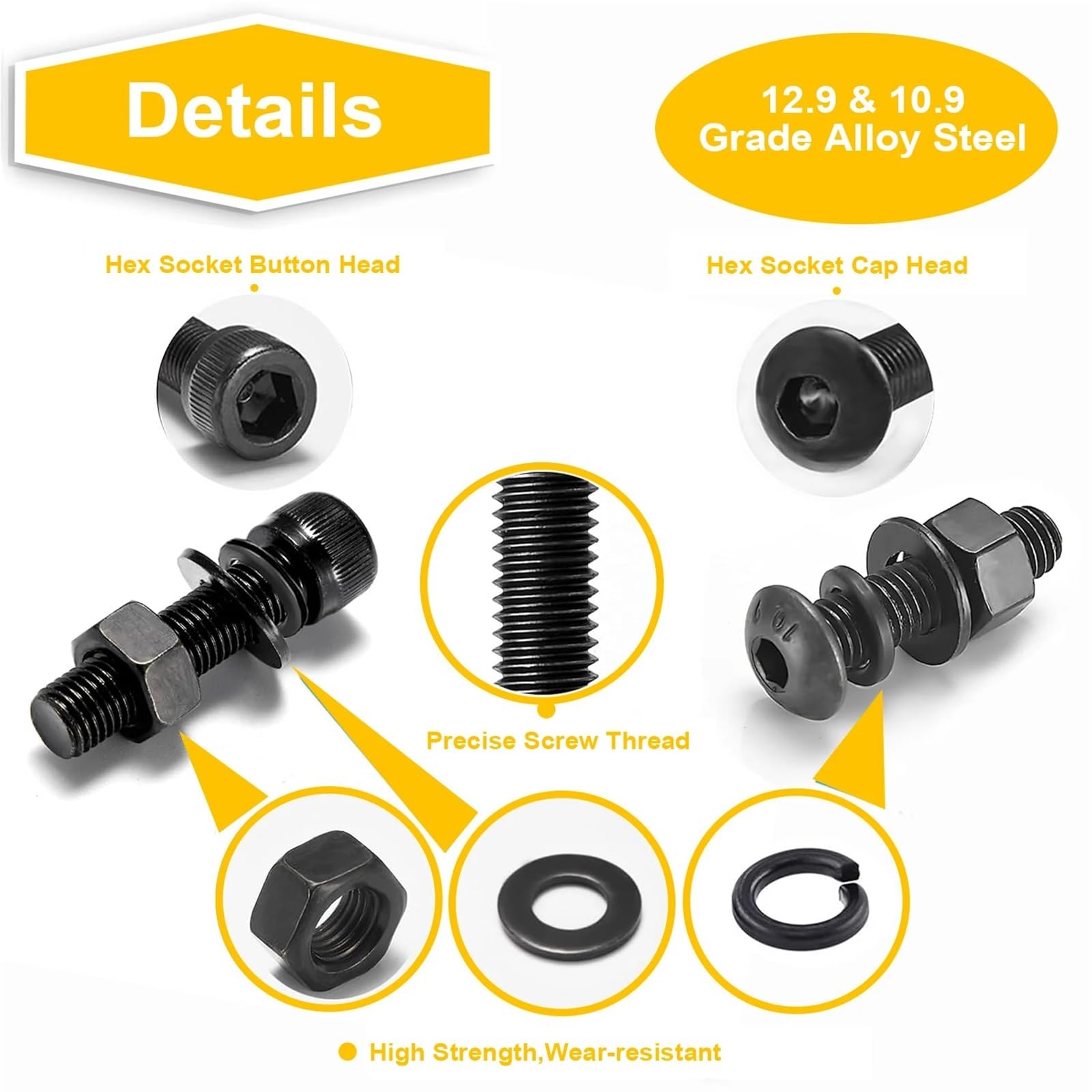 Surtido de 1400 tornillos, tuercas y arandelas M4 (M4 x 6 mm - 40 mm), kit pernos máquina con cabeza hueca hexagonal Juego de Tornillos y Tuercas