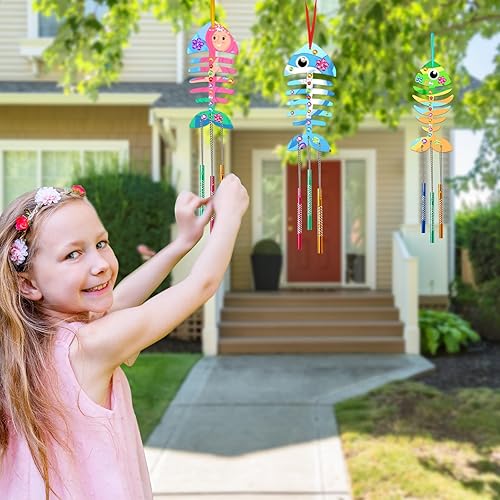 Miniatura 5 de Beria Kits de campanillas de viento para niños, paquete de 12, haz tu propio carillón de viento de pescado, manualidades de madera para niños,