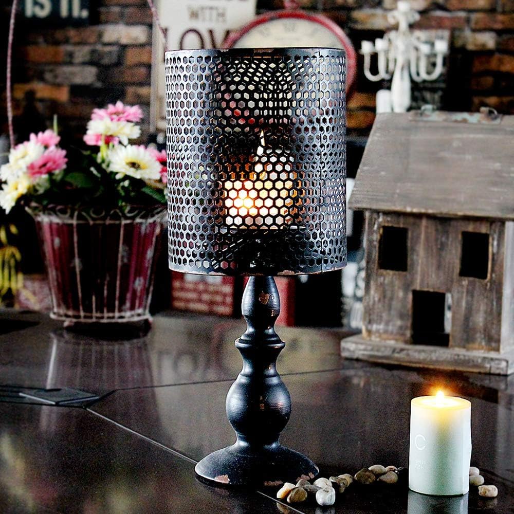 Linfevisi Metal Candle Holder Lamp Decorative Candle Lamp Holder Vintage Pillar Candle Holder Centerpiece Metal Table Candle Lamps Old Looking for Mantel 14 Inch High (Black)