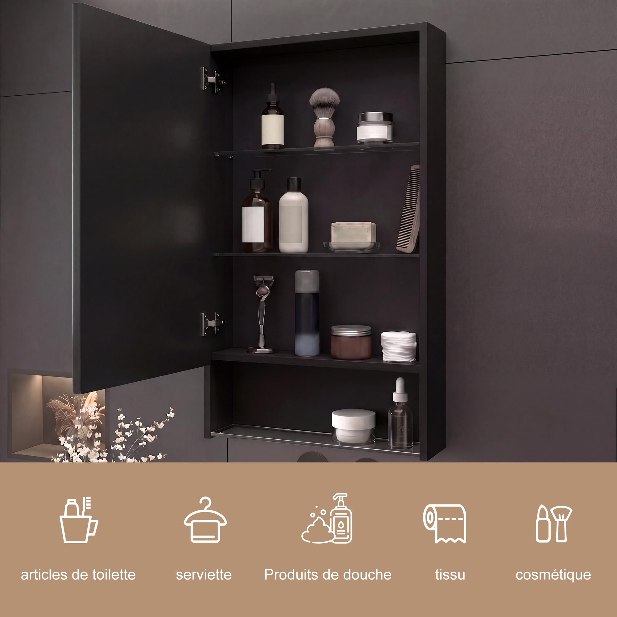 Armario de baño con espejo e iluminación LED, mueble de pared de almacenamiento para cuarto de baño, con puerta, estante ajustable, negro, 50 x 88 x 15 cm