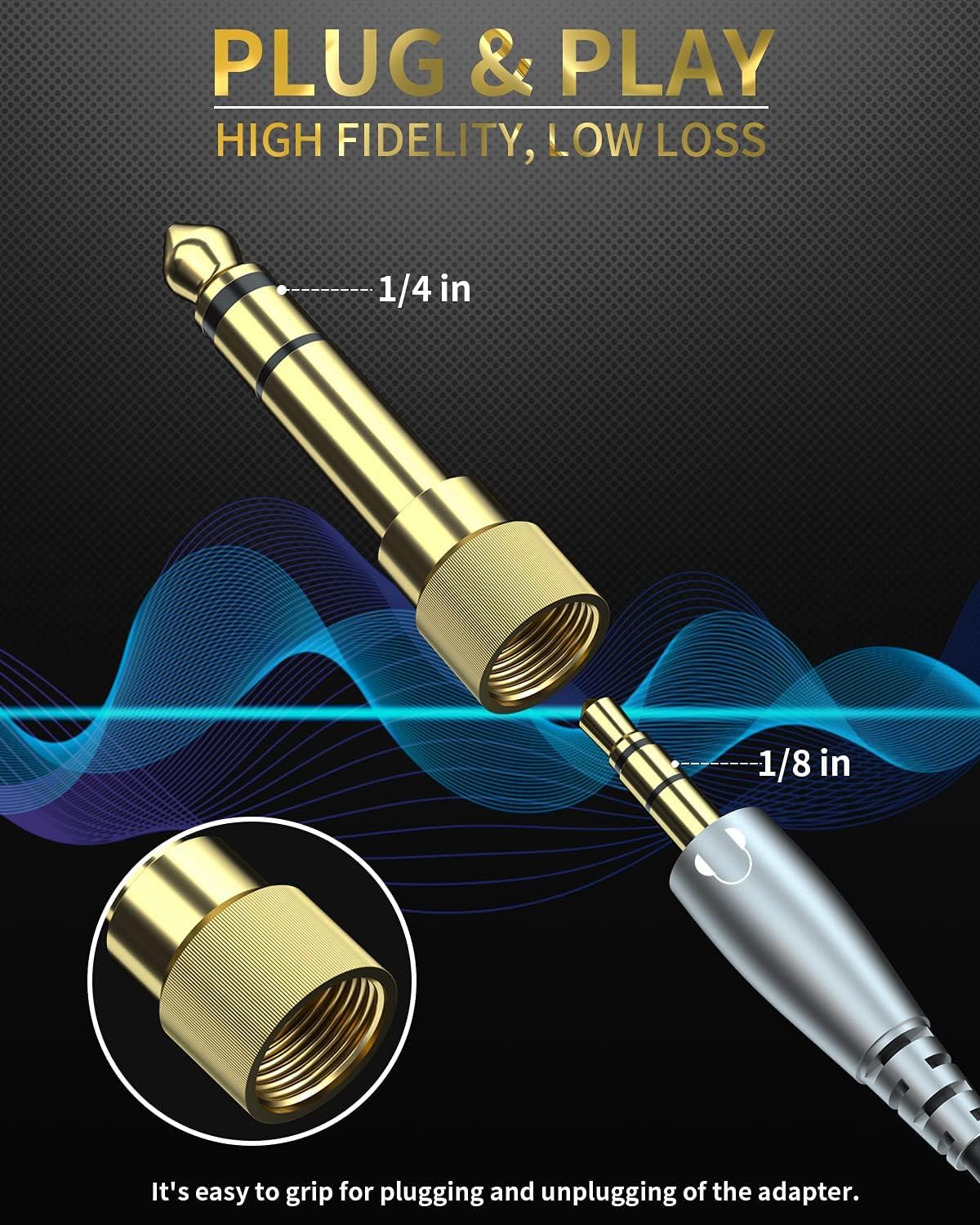 bestune 8 adaptadores de auriculares estéreo de 6,35 mm 1/4 macho a 3,5 mm hembra 1/8 hembra chapado en oro para altavoz, auriculares, guitarra, amplificador de piano digital