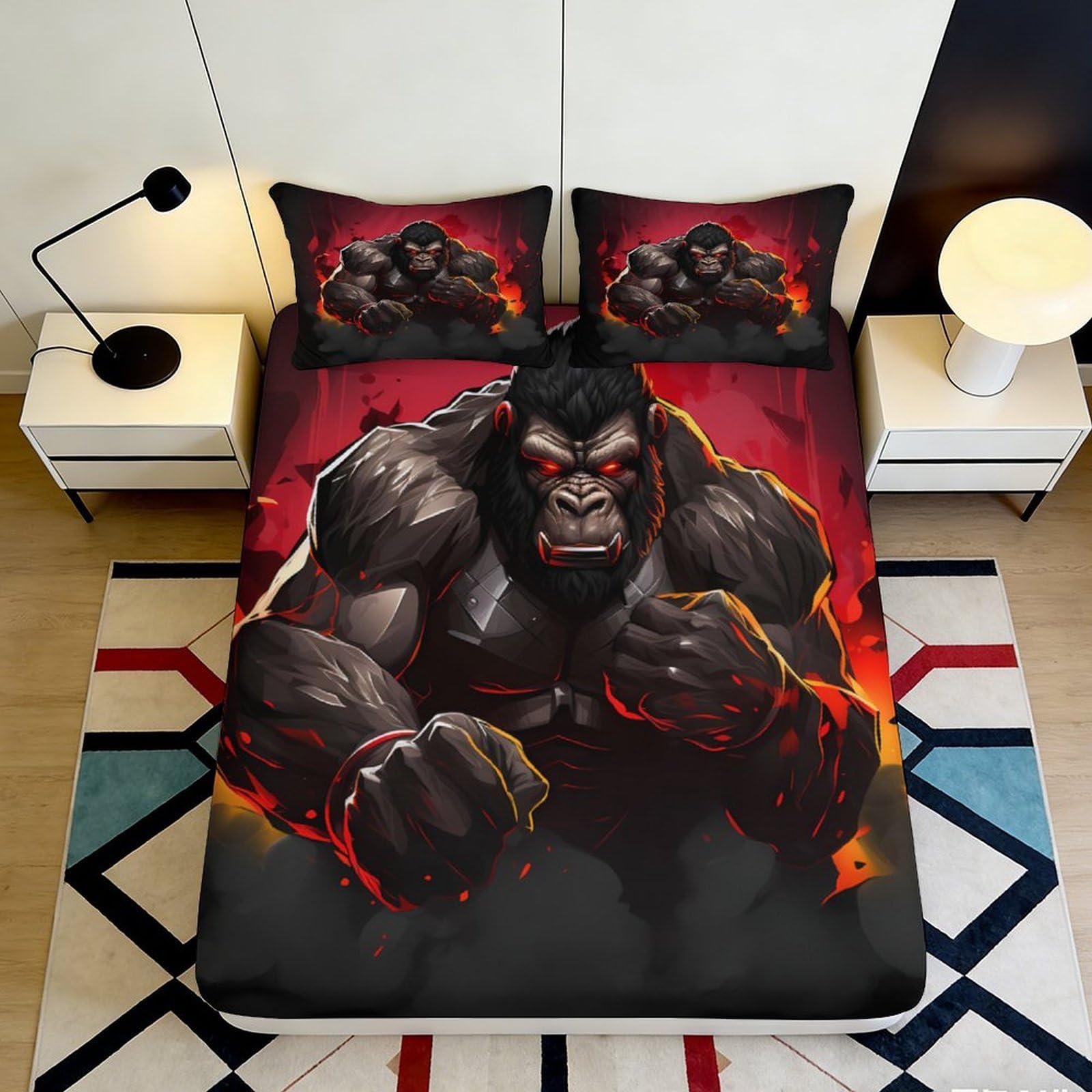 3D Printed Fierce Gorilla Fitted Sheet Microfiber Soft Black Red Flame Bed Cover for Bedroom Dorm Decor Mattress Protection 90x200x25cm