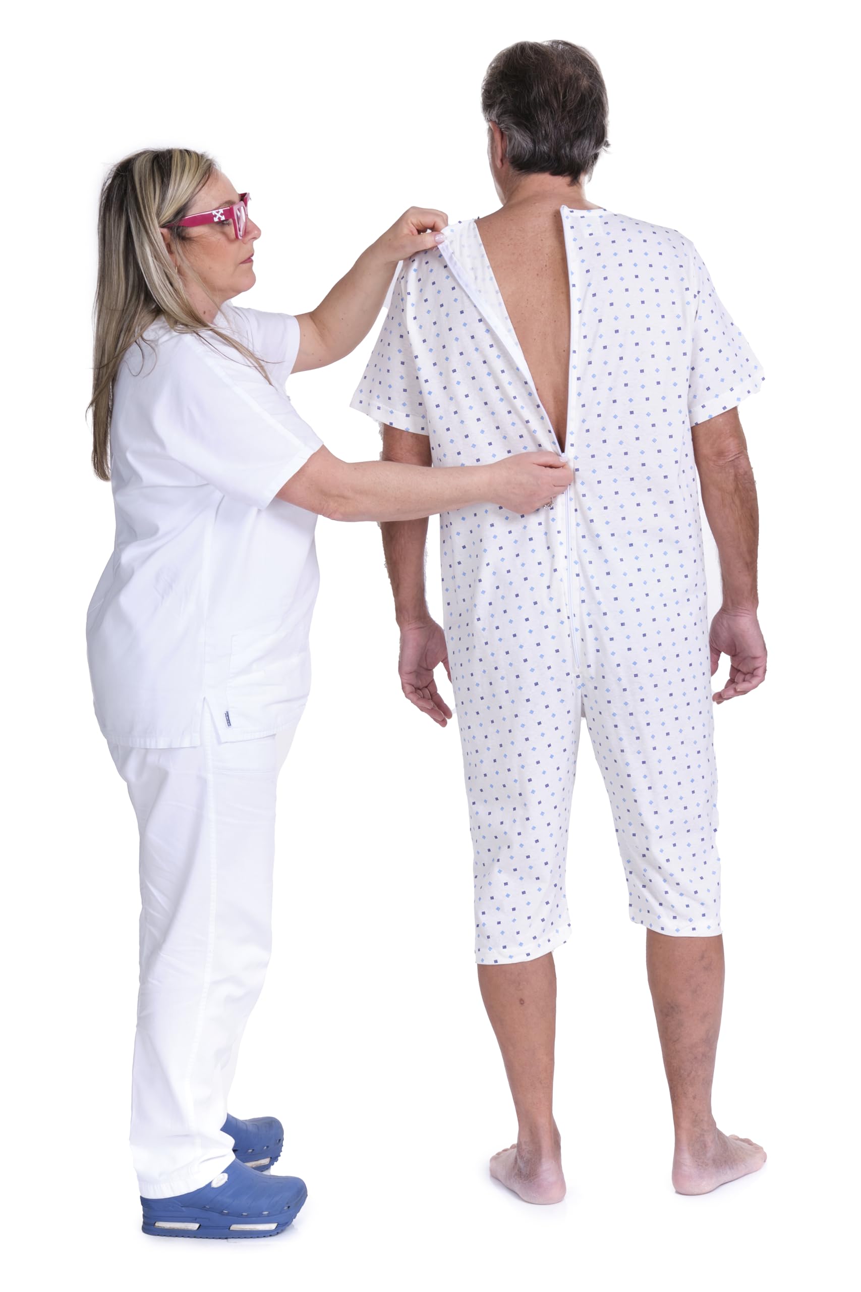 FERRUCCI COMFORT Pigiama Sanitario in Cotone con Zip su Dorso - Unisex - Maniche Corte e Pantalone Corto - 9012/5 - Adatto agli Anziani - Antimanipolazione