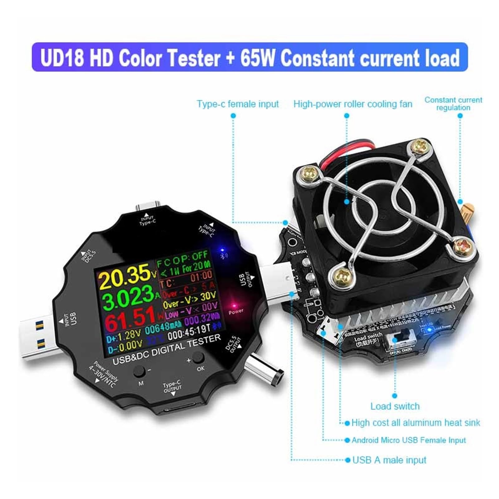 Testeur USB, Testeur USB voltmètre numérique cc, ampèremètre de tension, ampèremètre USB3.0, détecteur 18 en 1, chargeur de batterie externe + pince Crocodile cc(Add LOAD)