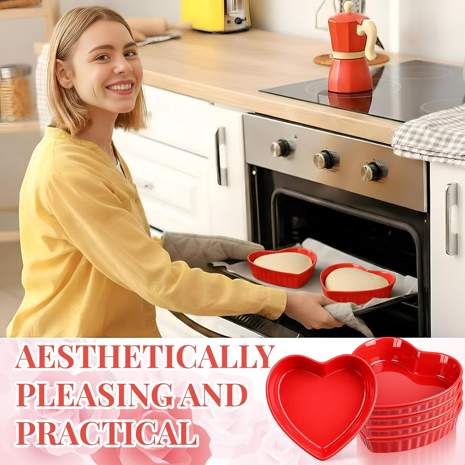 Reallnaive 8 Pcs Heart Shaped Ramekin Creme Brulee Ramekins Oven Safe 5.91 x 5.91 x 1.57 Inch Heart Shaped Bowl Small Baking Ceramic Ramekins Dishes for Souffle Snacks Quiche Appetizers Sauces(Red)