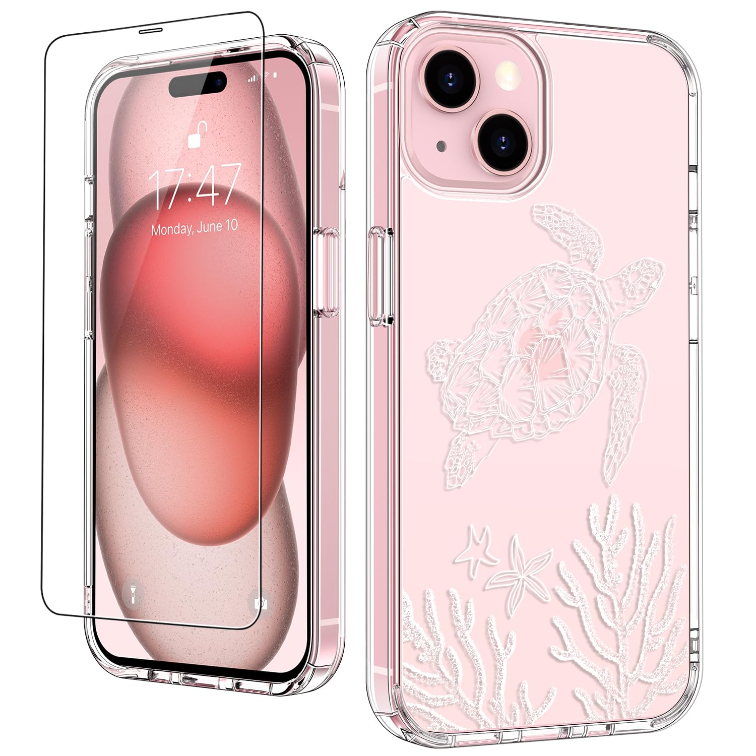LUHOURI for iPhone 15 Case with Screen Protector - Crystal Clear Durable Cover - Fashionable Designs for Women and Girls - Slim Fit Shockproof Protective Phone Case 6.1",Nice Sea Turtle