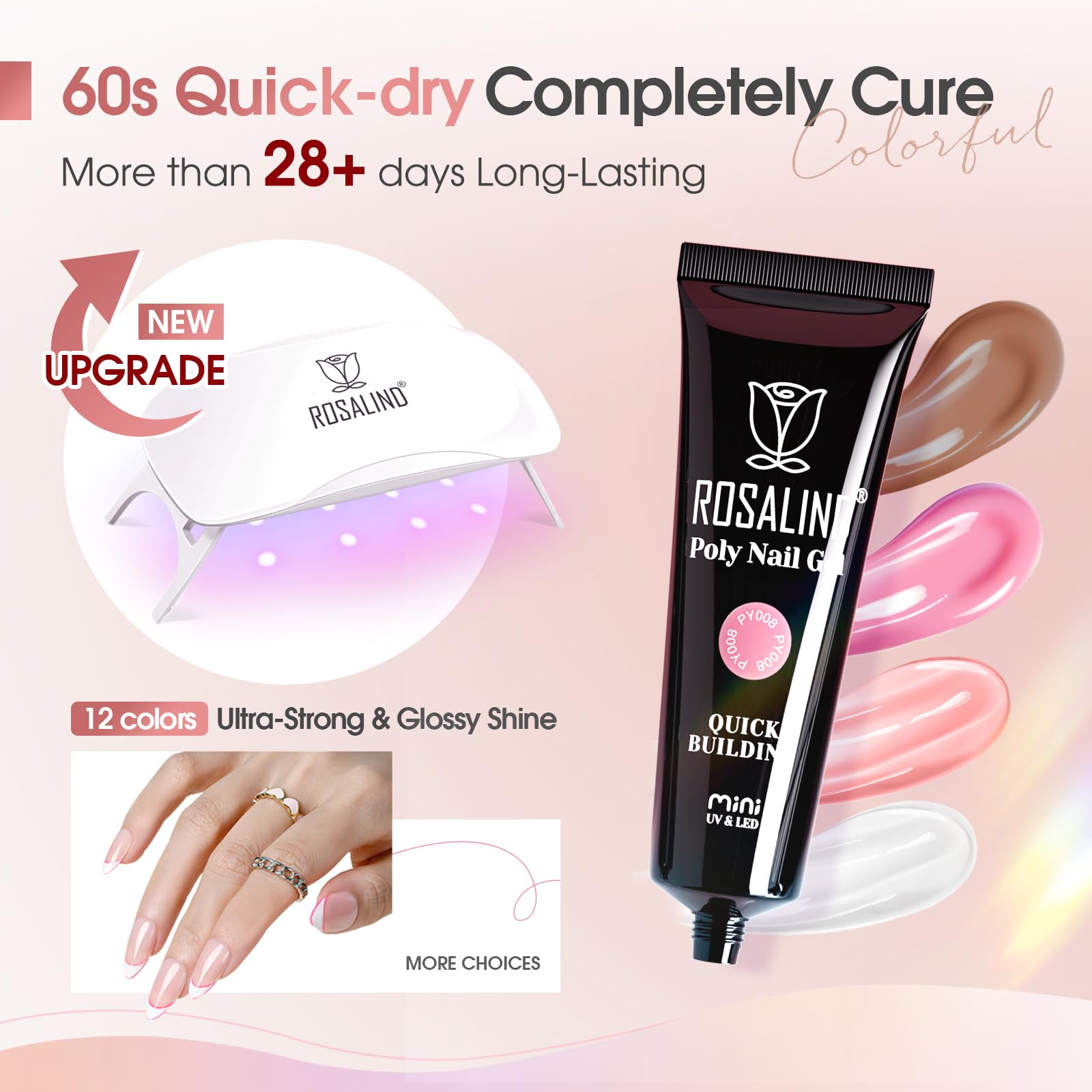 ROSALIND Uñas Poligel Kit Completo, 12pcs 10ml Gel Extensión de Uñas con UV Lámpara, Base&Top Coat, Nail Art Kit Uñas de Gel Completo para Bricolaje en Casa & Profesionales Salón