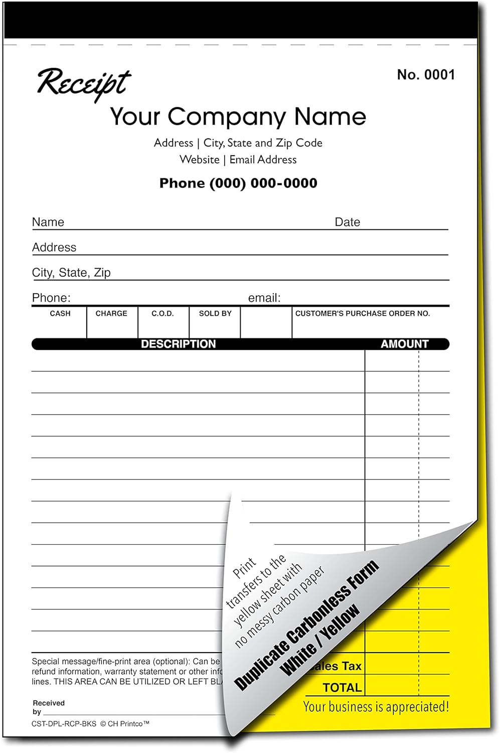 Custom Duplicate Receipt Books with Your Company Name. 2 Books (100 Sets) Numbered.