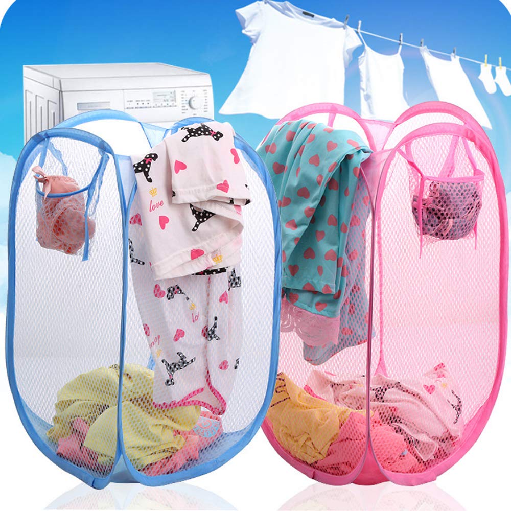 Cesto Portabiancheria Pieghevole Qtopun 2 Pezzi | Rete Resistente 28x28x45,7 Cm | Azzurro E Rosa Per Viaggi E Dormitorio
