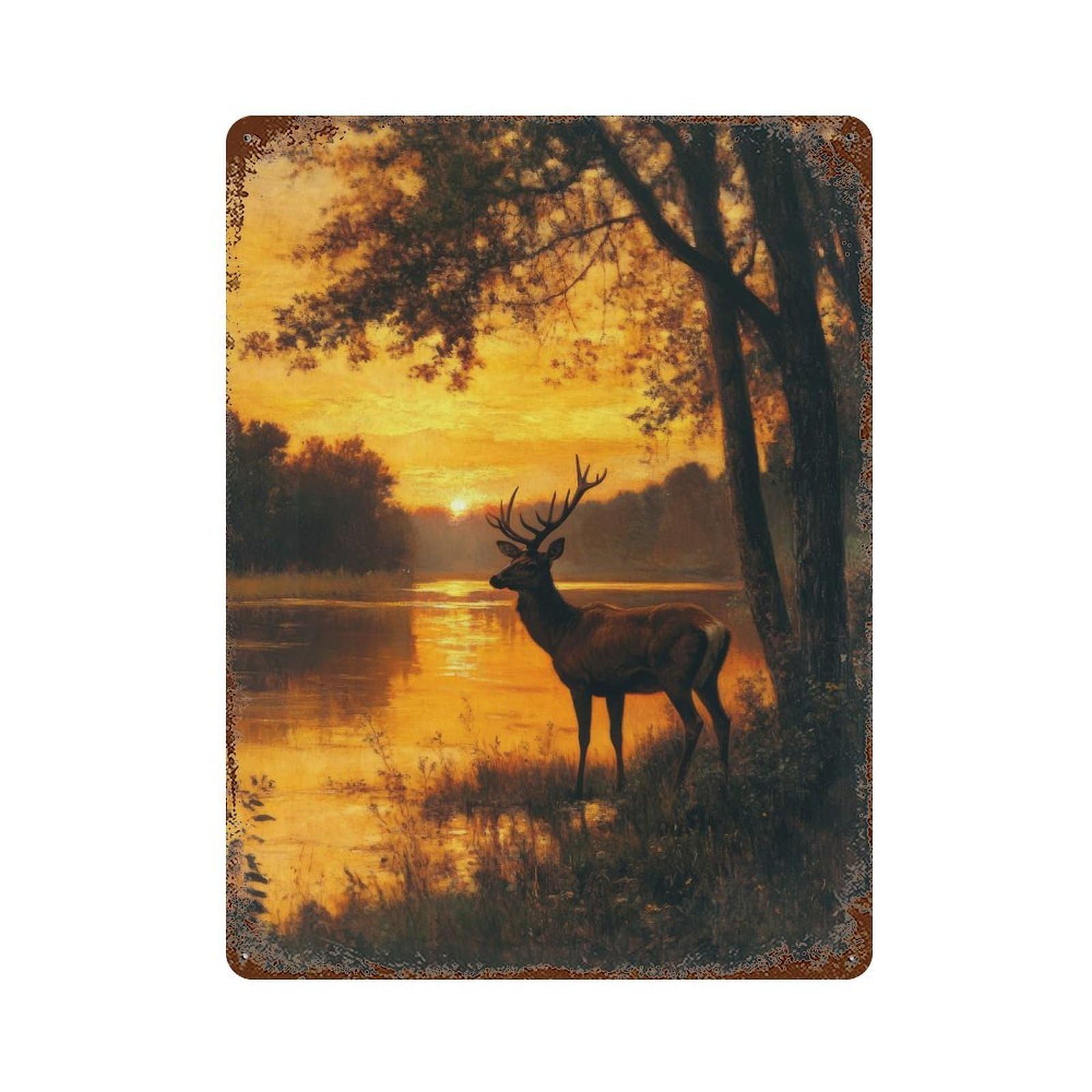 Weathered Tin Sign with Sunset Deer Design 15.7"x11.8", for Basement, Hobby Room And Garage Decor, Industrial Home Decor