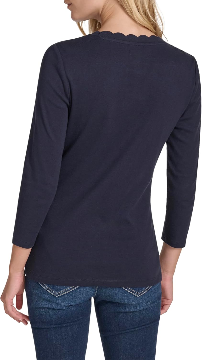 Nautica Womens 3/4 Sleeve Length Cotton Solid Scalloped Knit Top - Image 3